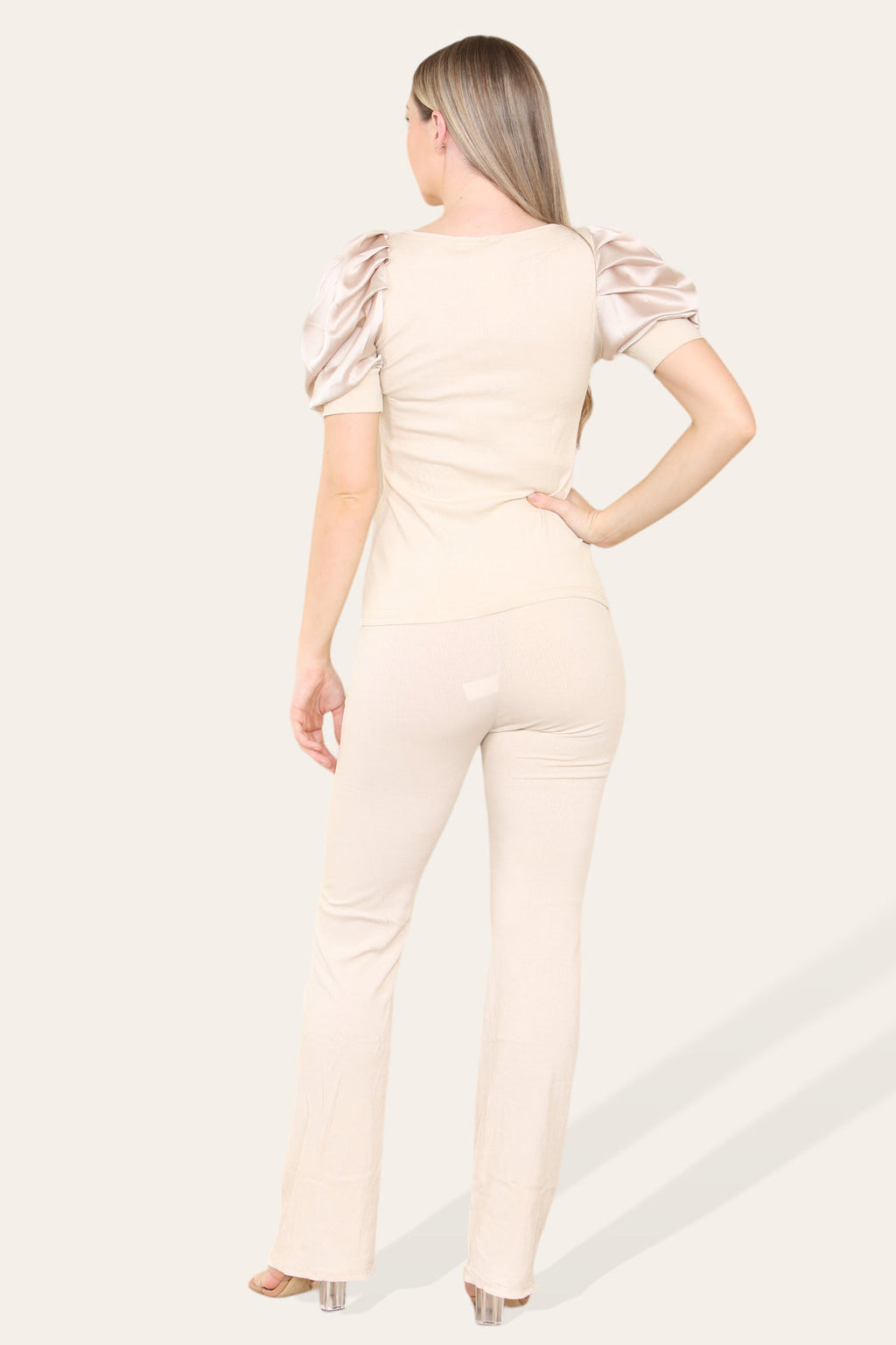 Ladies Silky Satin Puff Sleeves Loungewear Set - Ribbed Two Piece