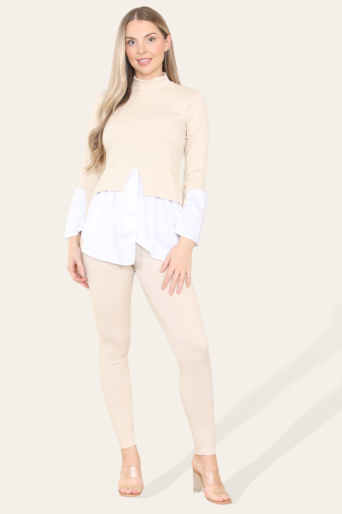 Ladies Ribbed Flared Shirt & Leggings Co-Ord Set - Loungewear Two Piece