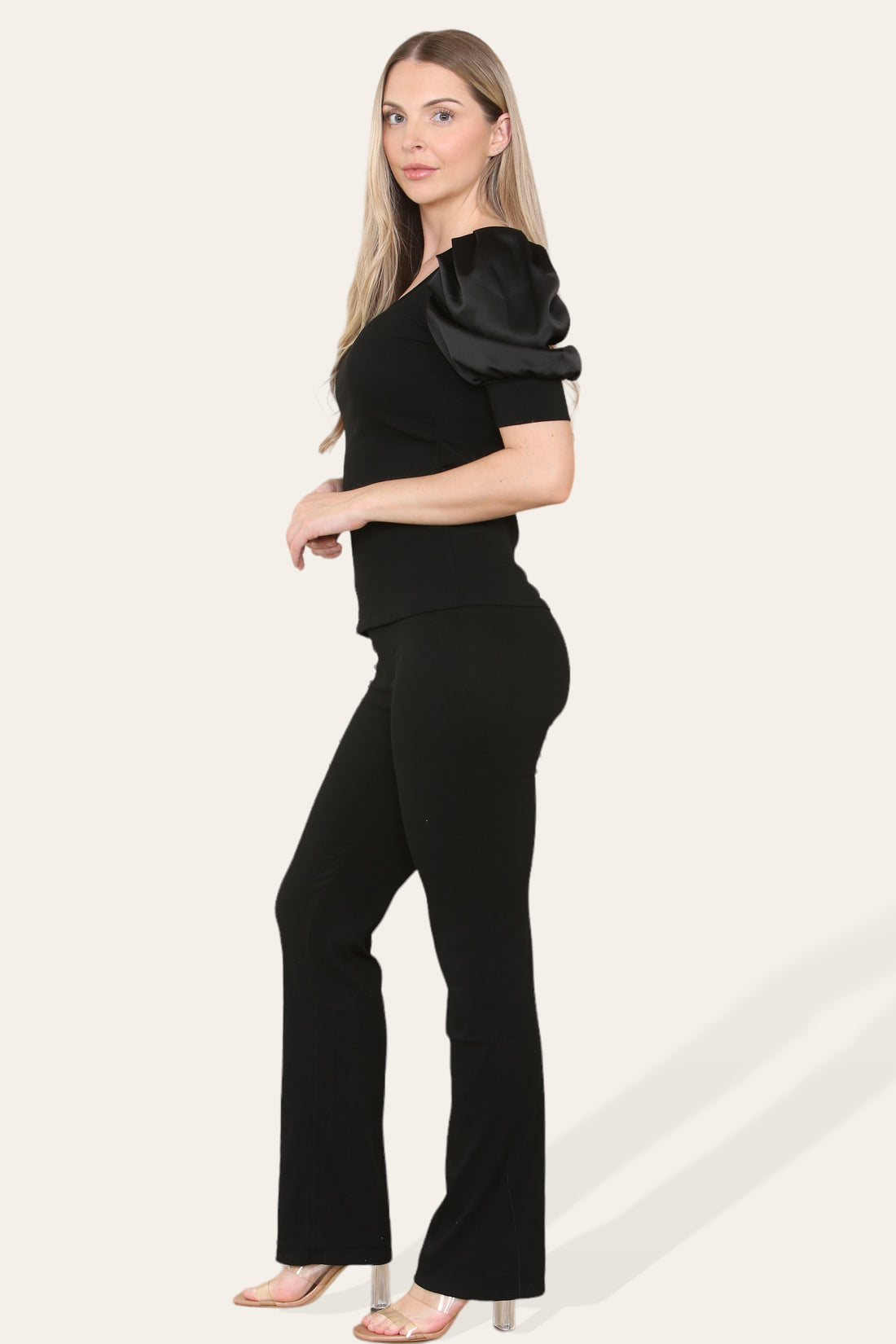 Ladies Silky Satin Puff Sleeves Loungewear Set - Ribbed Two Piece