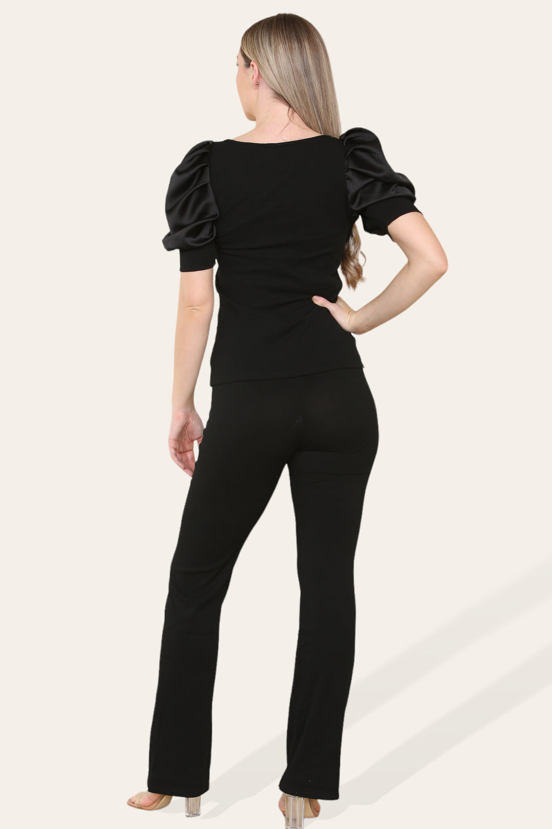 Ladies Silky Satin Puff Sleeves Loungewear Set - Ribbed Two Piece