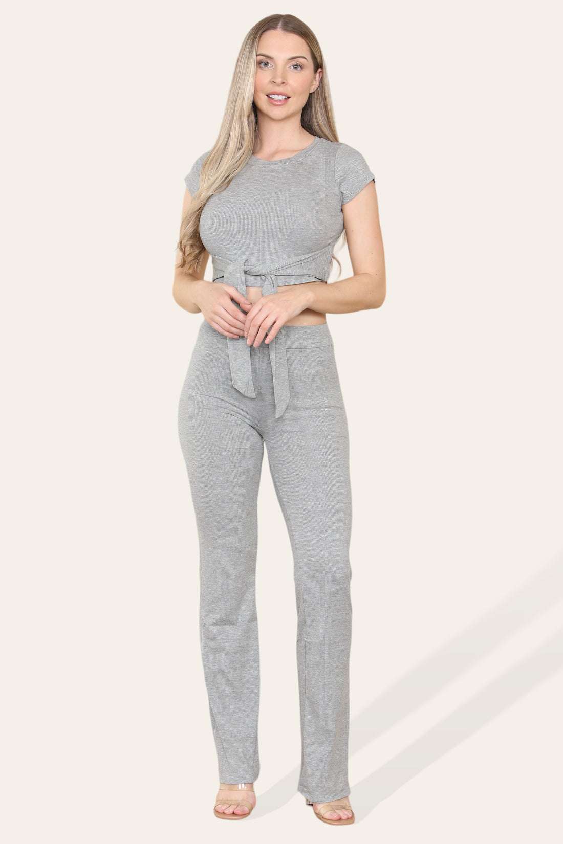 Ladies Tie Belt Cropped Top & Ribbed Trousers Set - Loungewear Two Piece