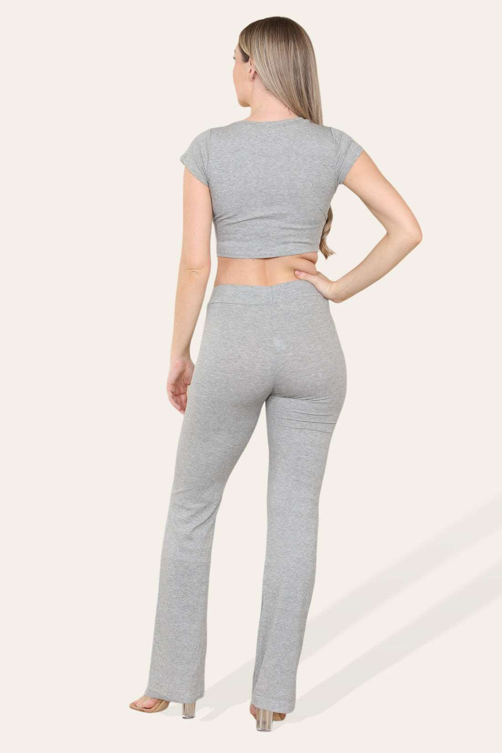Ladies Tie Belt Cropped Top & Ribbed Trousers Set - Loungewear Two Piece