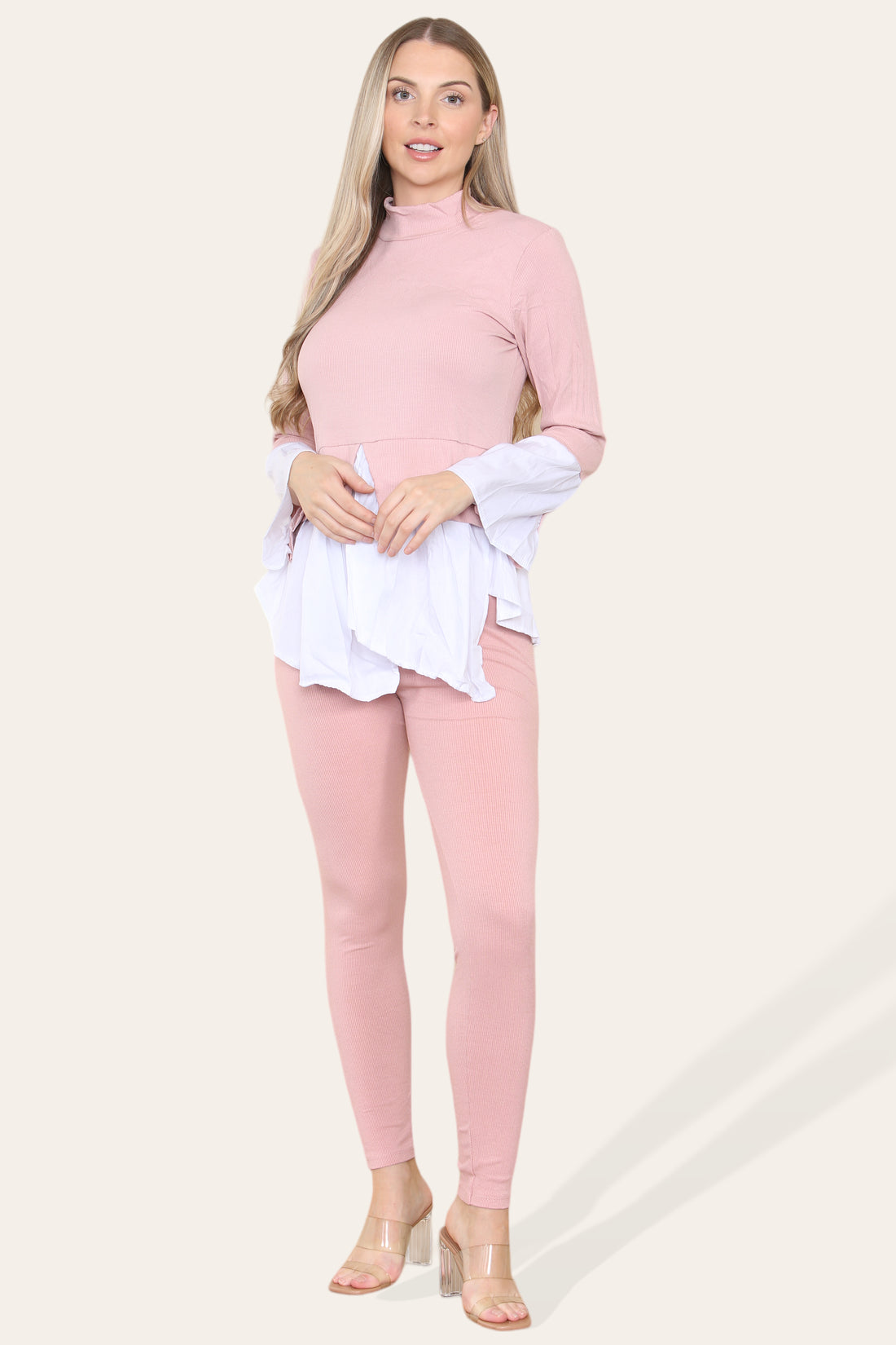 Ladies Ribbed Flared Shirt & Leggings Co-Ord Set - Loungewear Two Piece