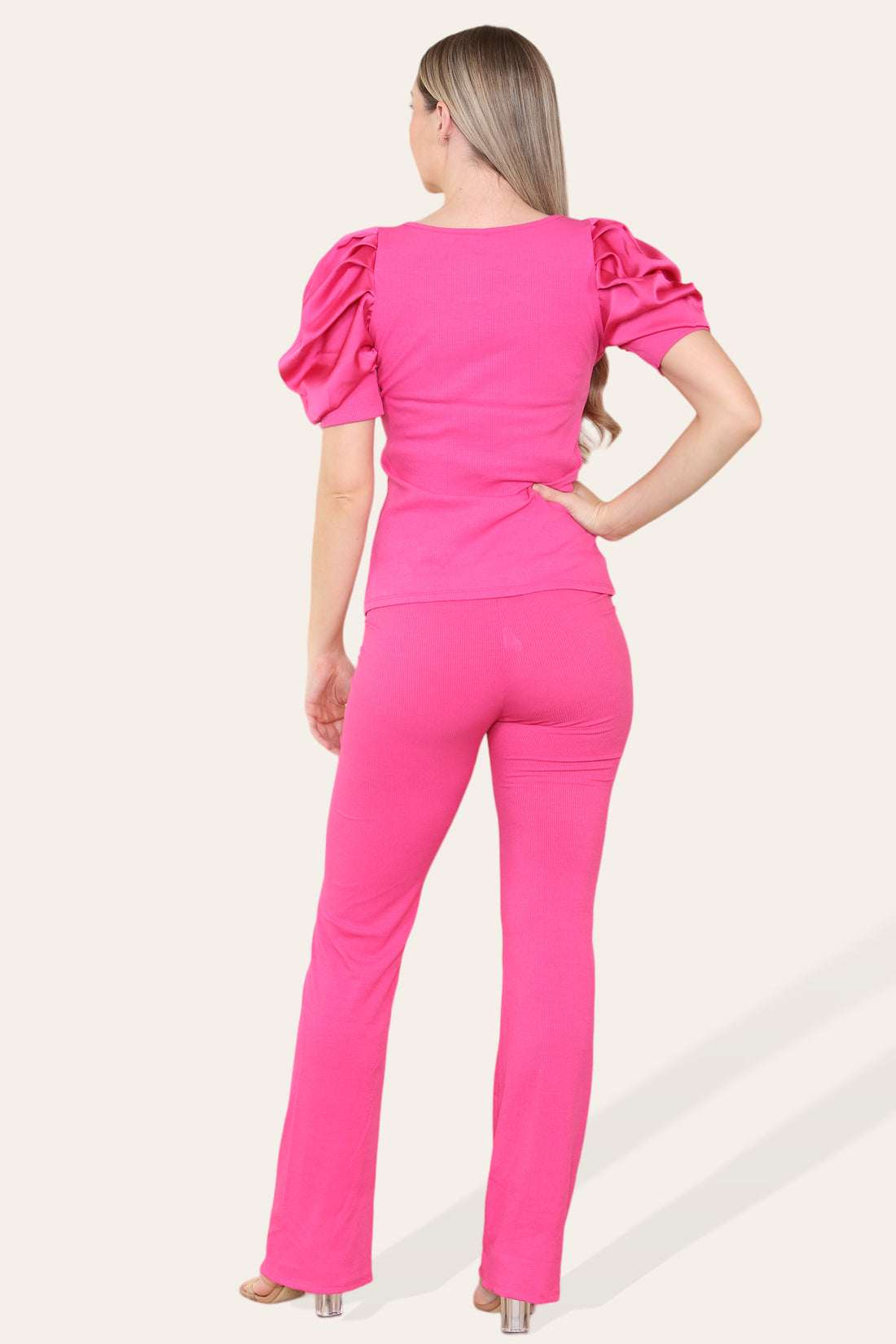 Ladies Silky Satin Puff Sleeves Loungewear Set - Ribbed Two Piece