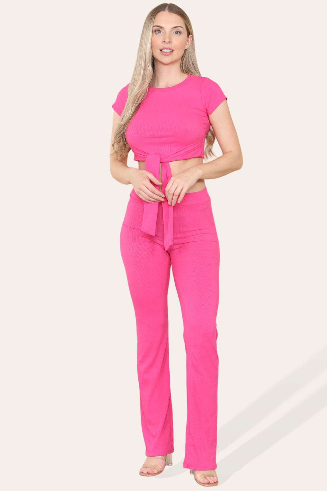 Ladies Tie Belt Cropped Top & Ribbed Trousers Set - Loungewear Two Piece