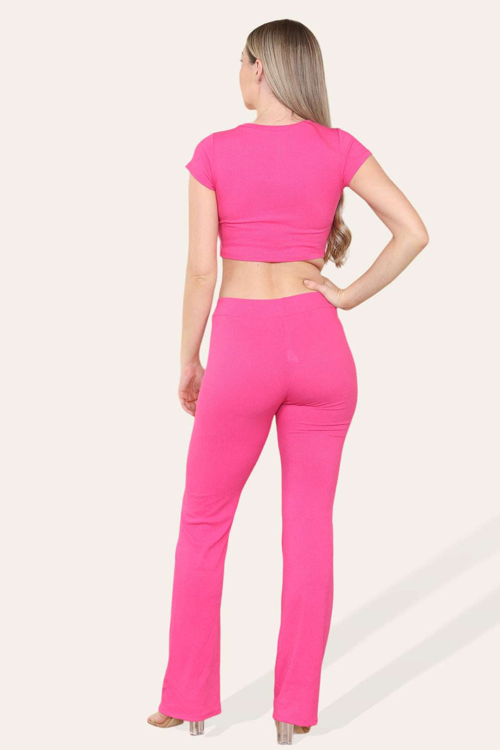 Ladies Tie Belt Cropped Top & Ribbed Trousers Set - Loungewear Two Piece