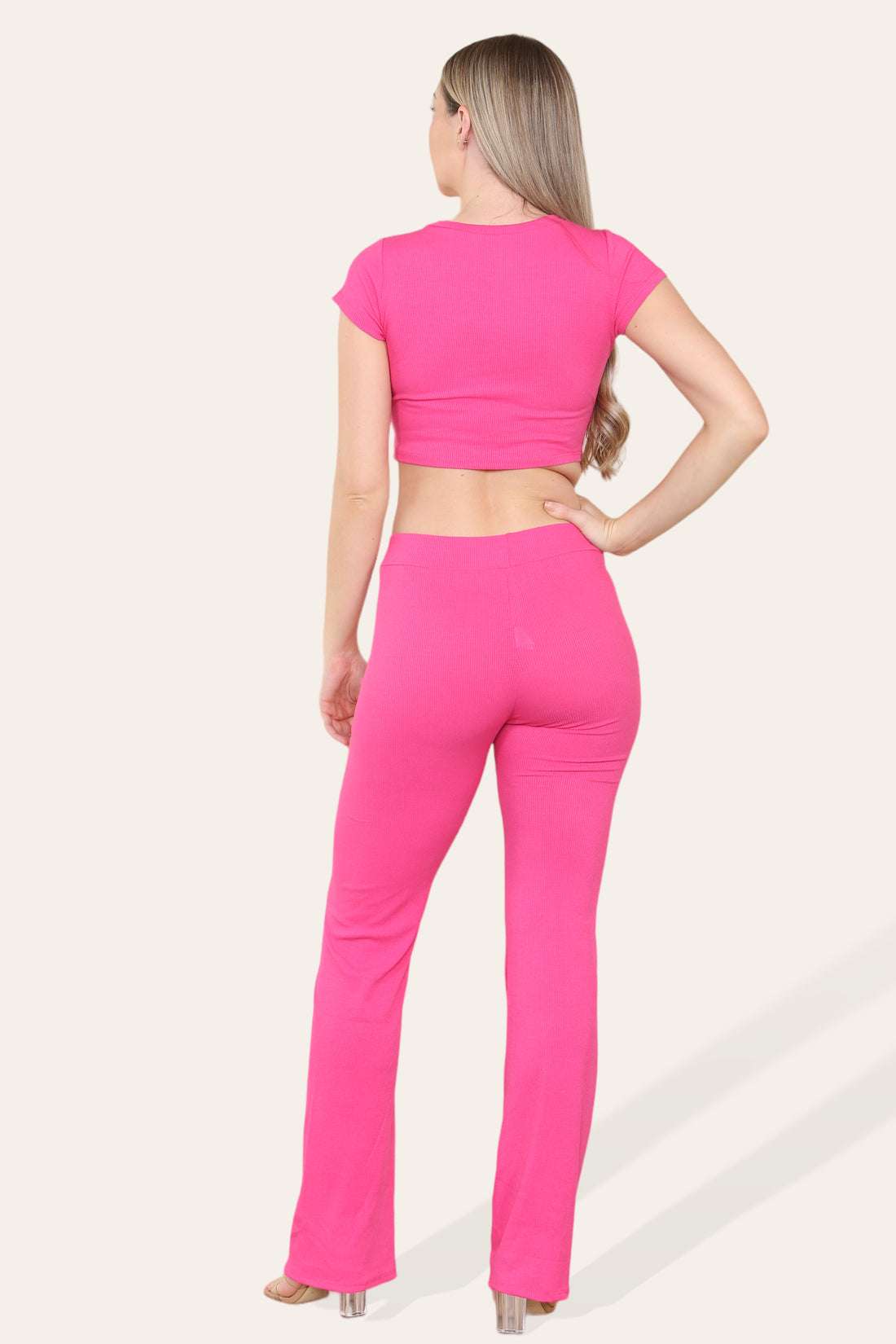 Ladies Tie Belt Cropped Top & Ribbed Trousers Set - Loungewear Two Piece
