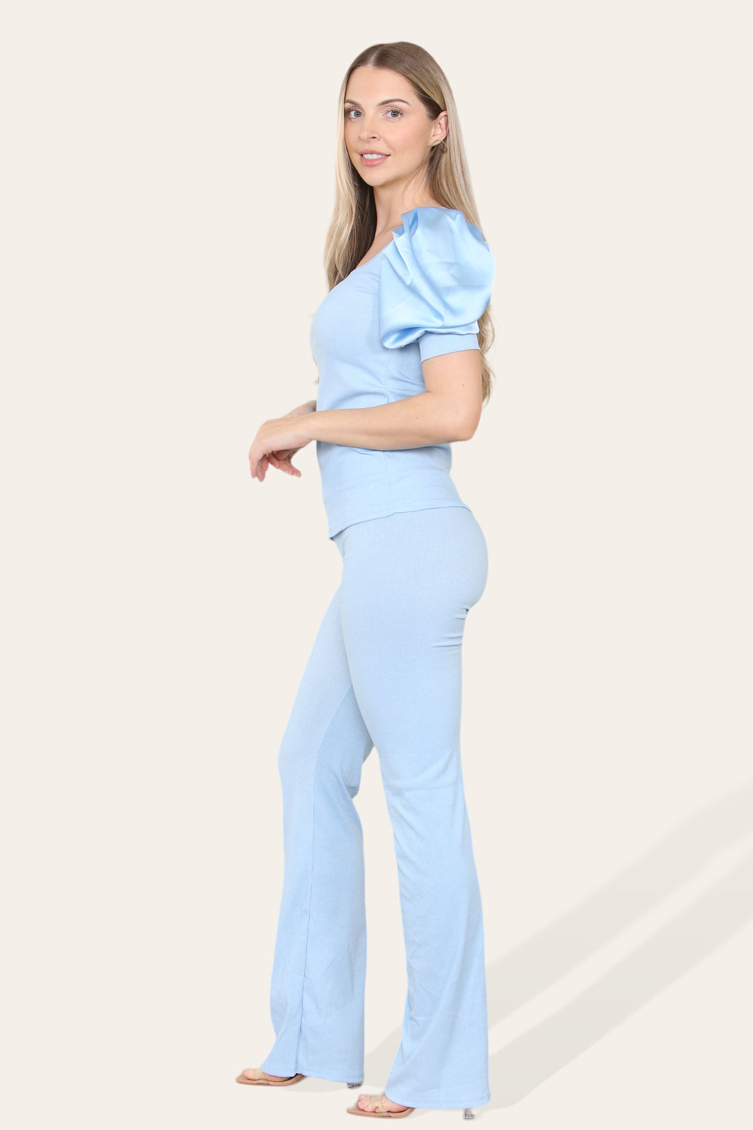 Ladies Silky Satin Puff Sleeves Loungewear Set - Ribbed Two Piece