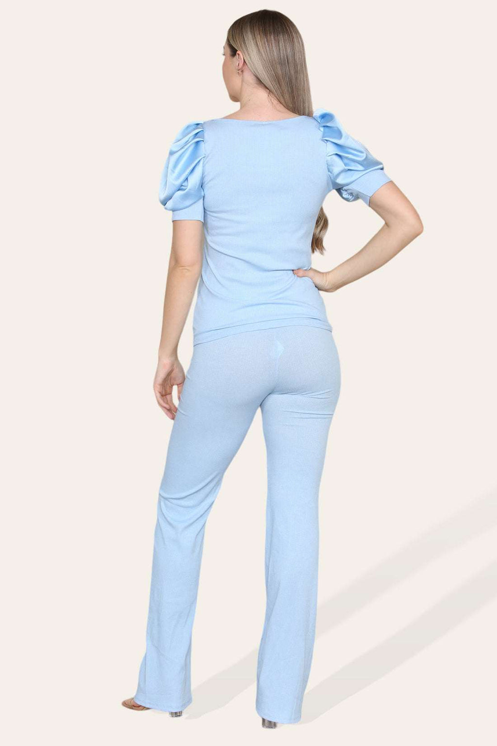 Ladies Silky Satin Puff Sleeves Loungewear Set - Ribbed Two Piece
