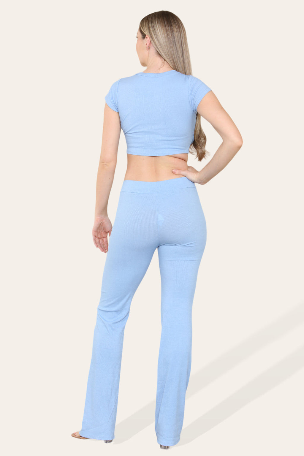 Ladies Tie Belt Cropped Top & Ribbed Trousers Set - Loungewear Two Piece