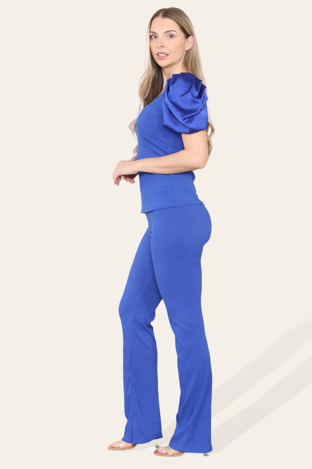 Ladies Silky Satin Puff Sleeves Loungewear Set - Ribbed Two Piece