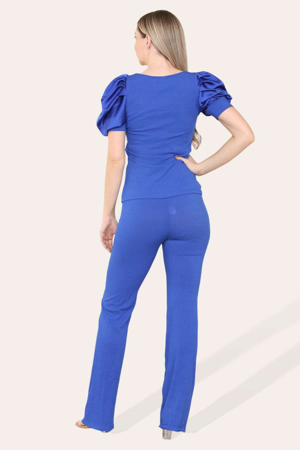 Ladies Silky Satin Puff Sleeves Loungewear Set - Ribbed Two Piece