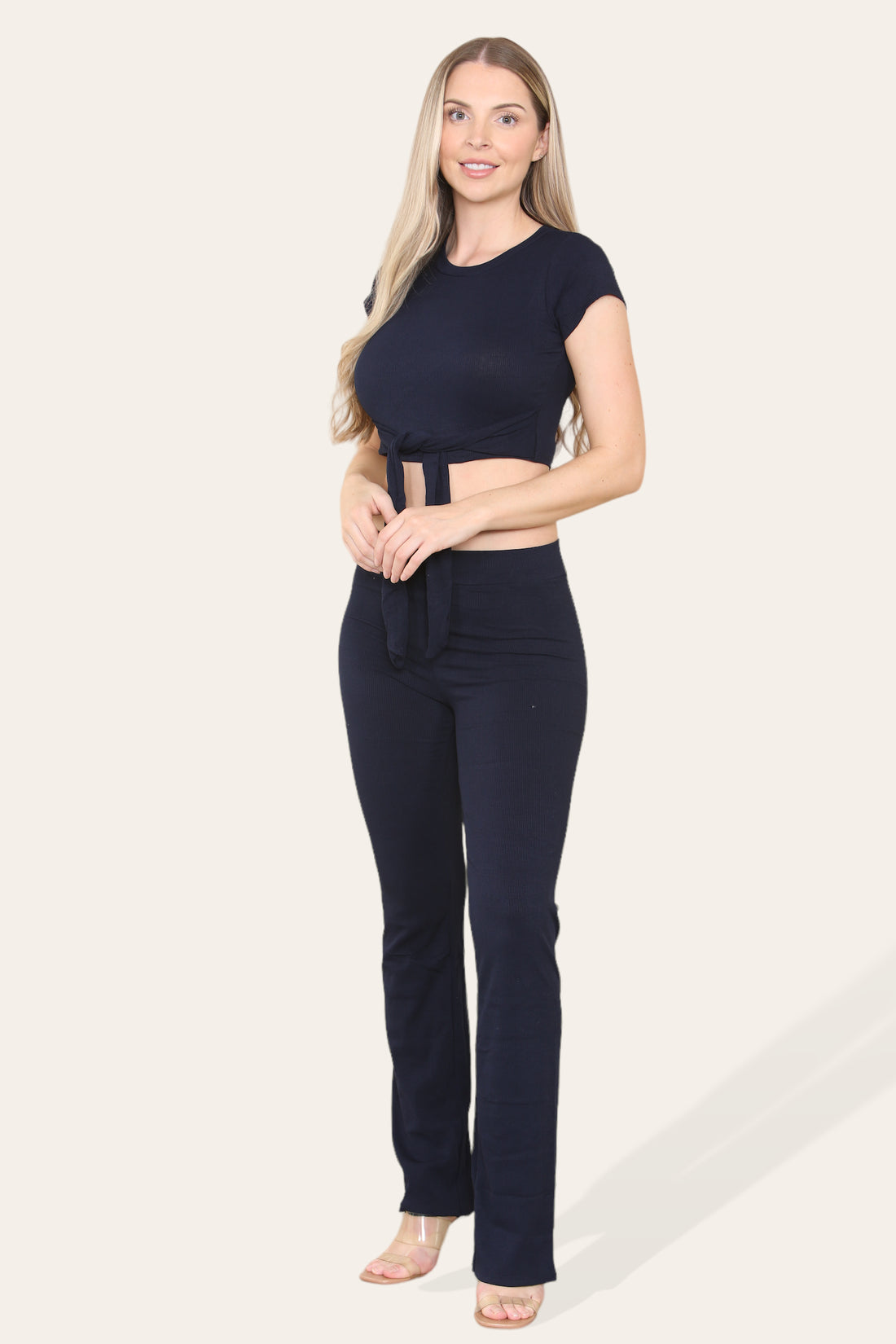 Ladies Tie Belt Cropped Top & Ribbed Trousers Set - Loungewear Two Piece