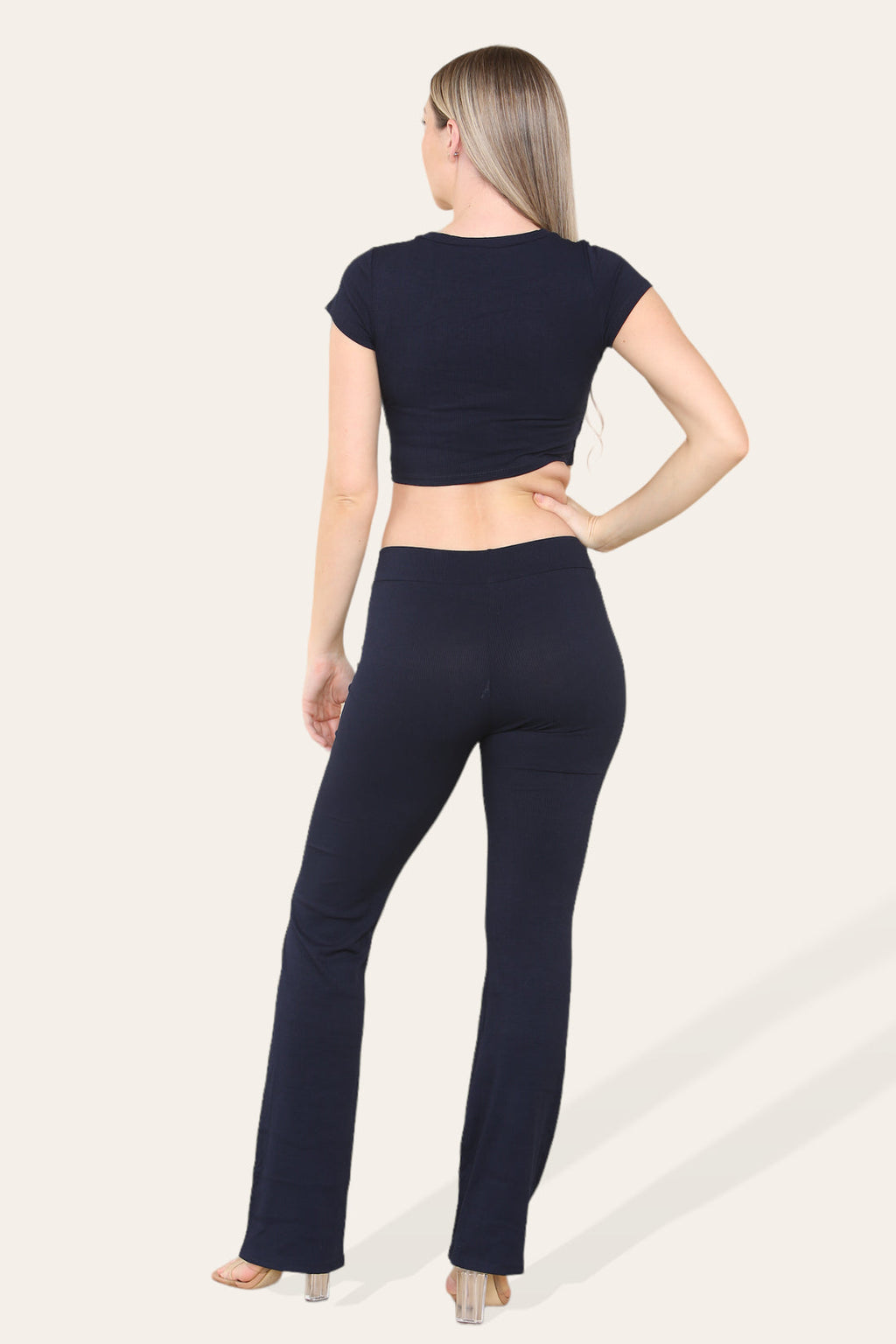 Ladies Tie Belt Cropped Top & Ribbed Trousers Set - Loungewear Two Piece