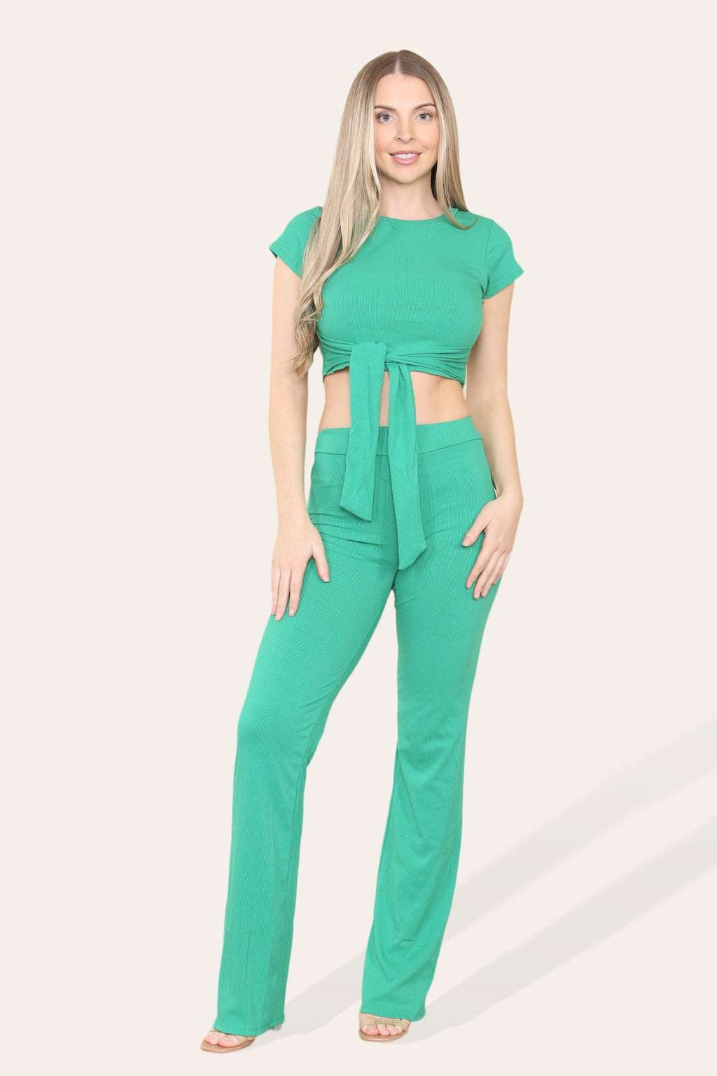 Ladies Tie Belt Cropped Top & Ribbed Trousers Set - Loungewear Two Piece