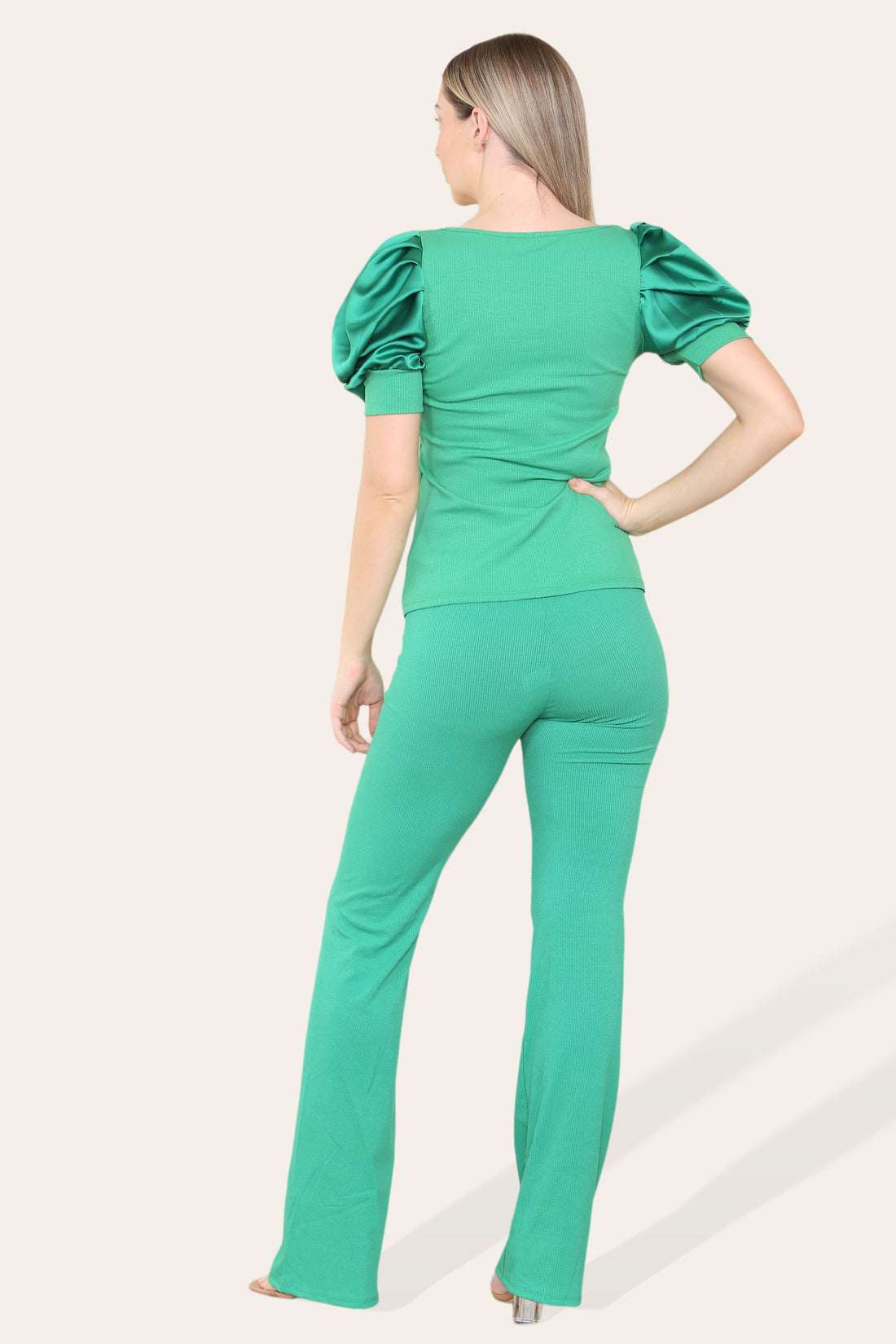 Ladies Silky Satin Puff Sleeves Loungewear Set - Ribbed Two Piece