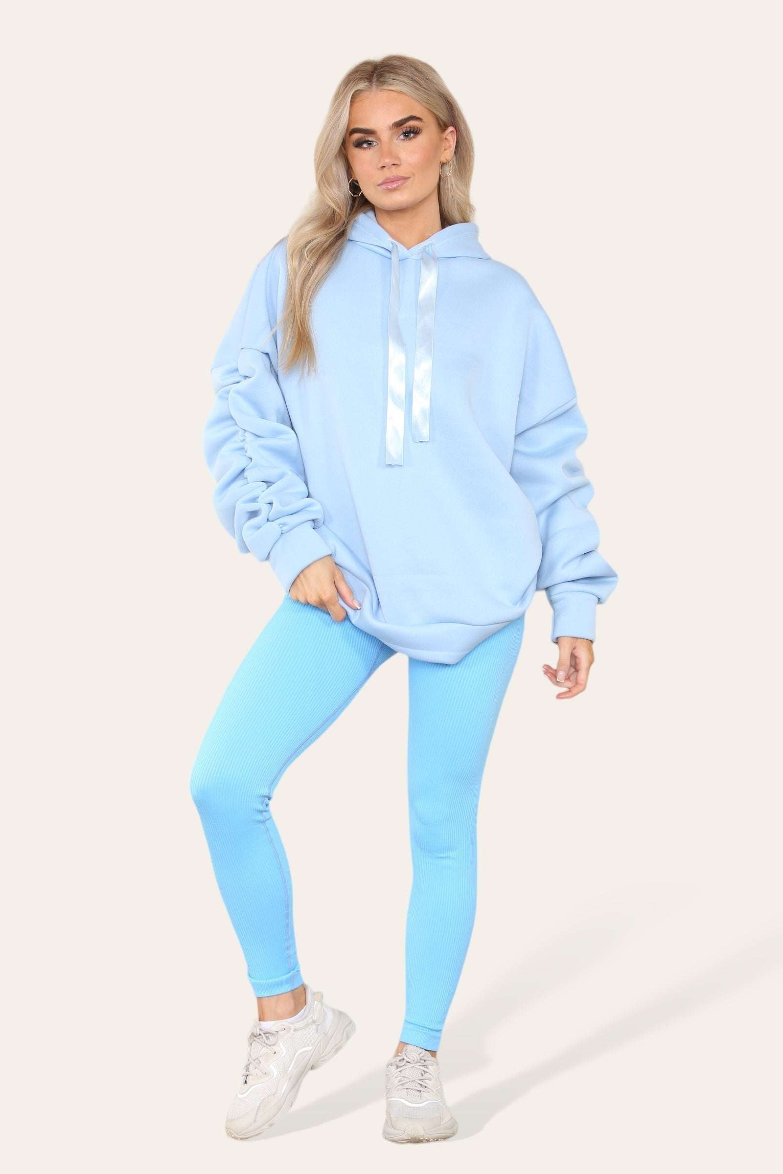 Ladies Oversized Ruched Hoodie & Leggings Set - Satin Ribbon Detail