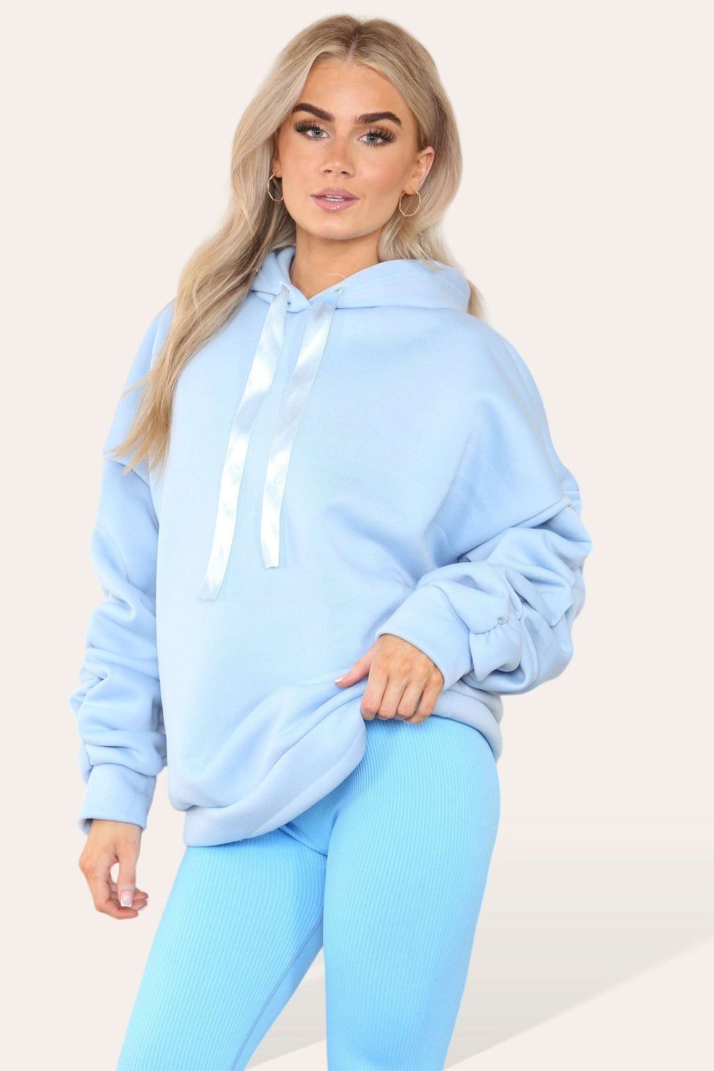 Ladies Oversized Ruched Hoodie & Leggings Set - Satin Ribbon Detail