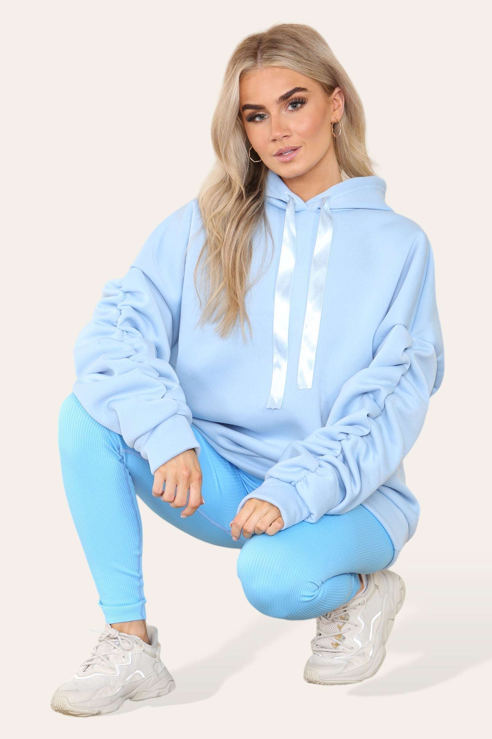 Ladies Oversized Ruched Hoodie & Leggings Set - Satin Ribbon Detail