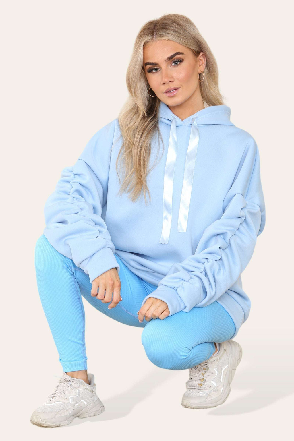 Ladies Oversized Ruched Hoodie & Leggings Set - Satin Ribbon Detail