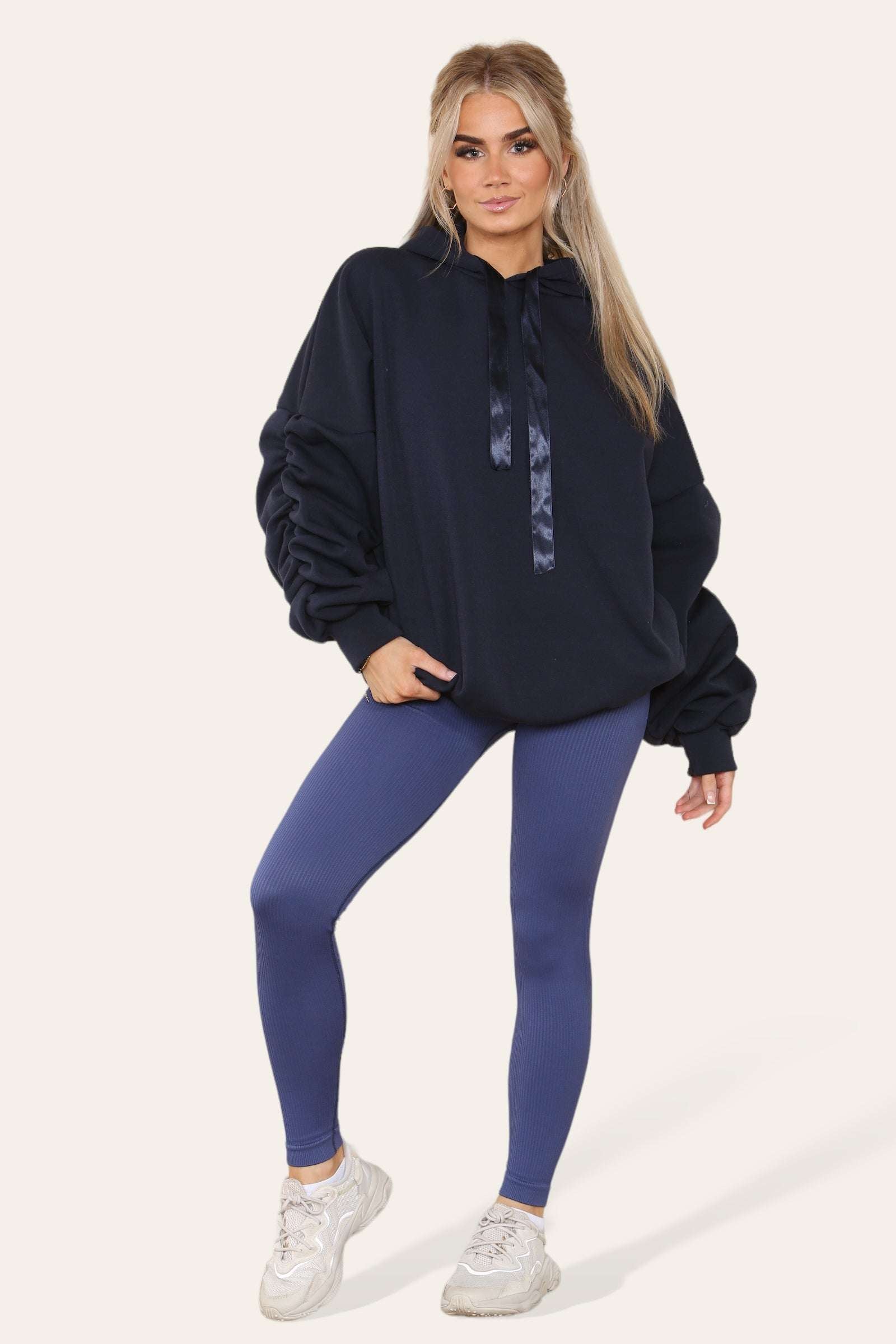 Ladies Oversized Ruched Hoodie & Leggings Set - Satin Ribbon Detail