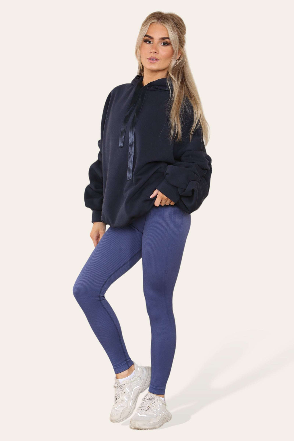 Ladies Oversized Ruched Hoodie & Leggings Set - Satin Ribbon Detail