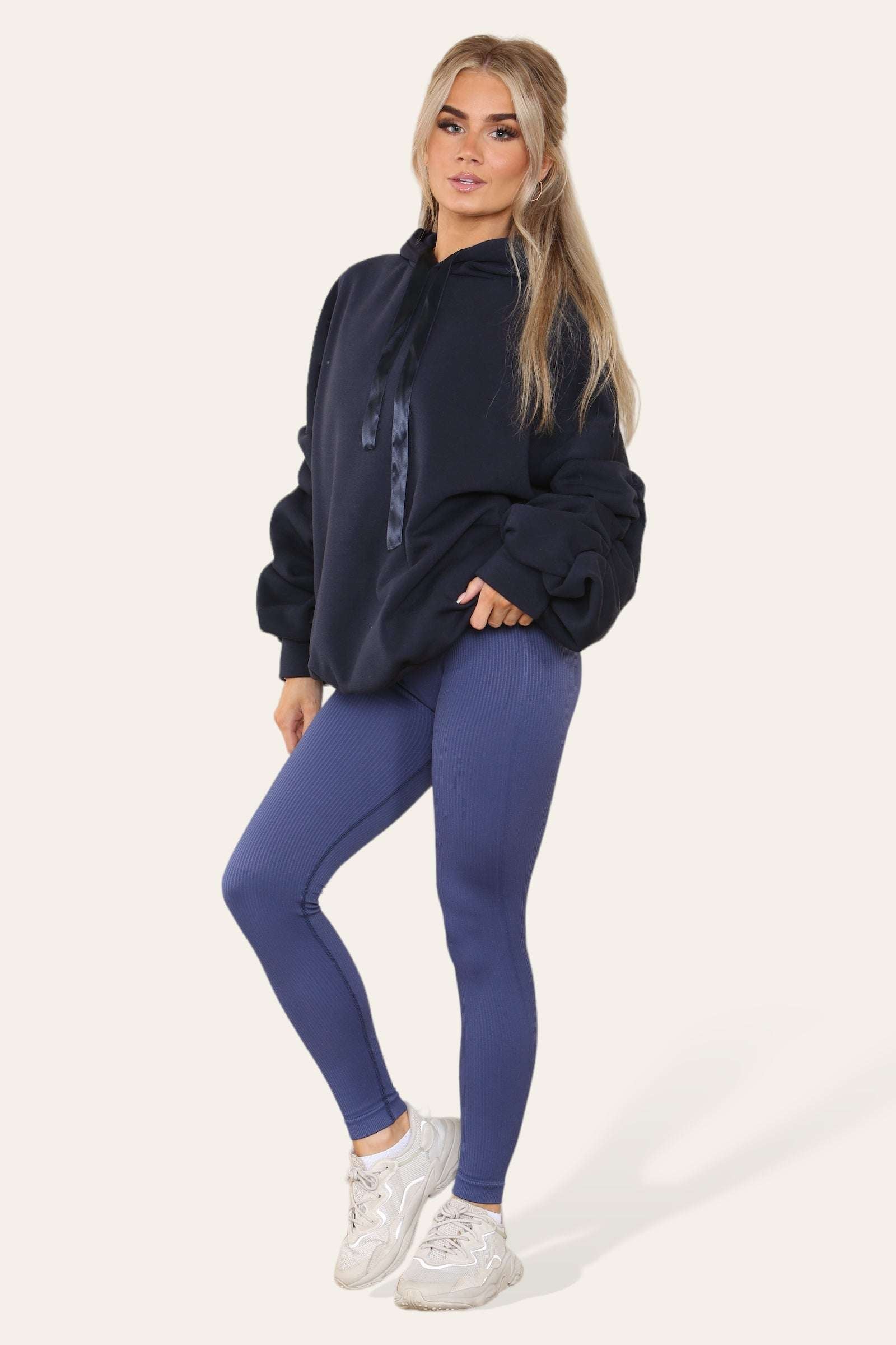 Ladies Oversized Ruched Hoodie & Leggings Set - Satin Ribbon Detail
