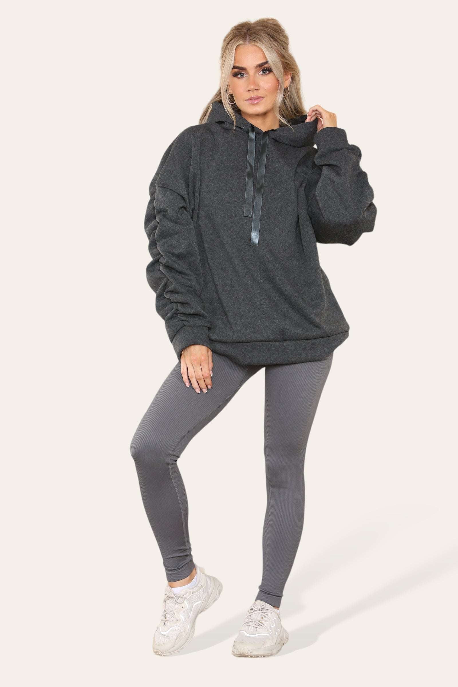 Ladies Oversized Ruched Hoodie & Leggings Set - Satin Ribbon Detail