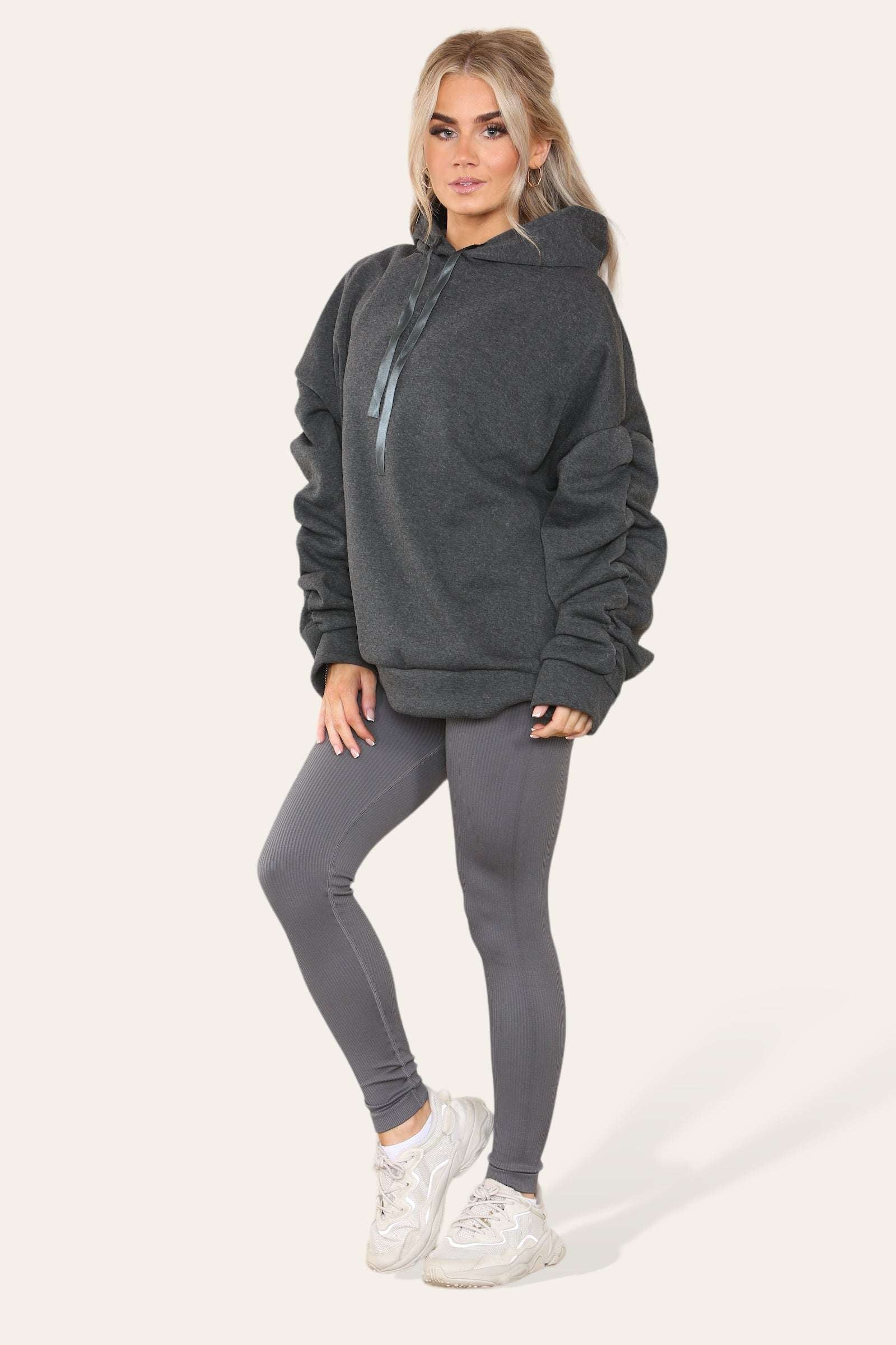 Ladies Oversized Ruched Hoodie & Leggings Set - Satin Ribbon Detail