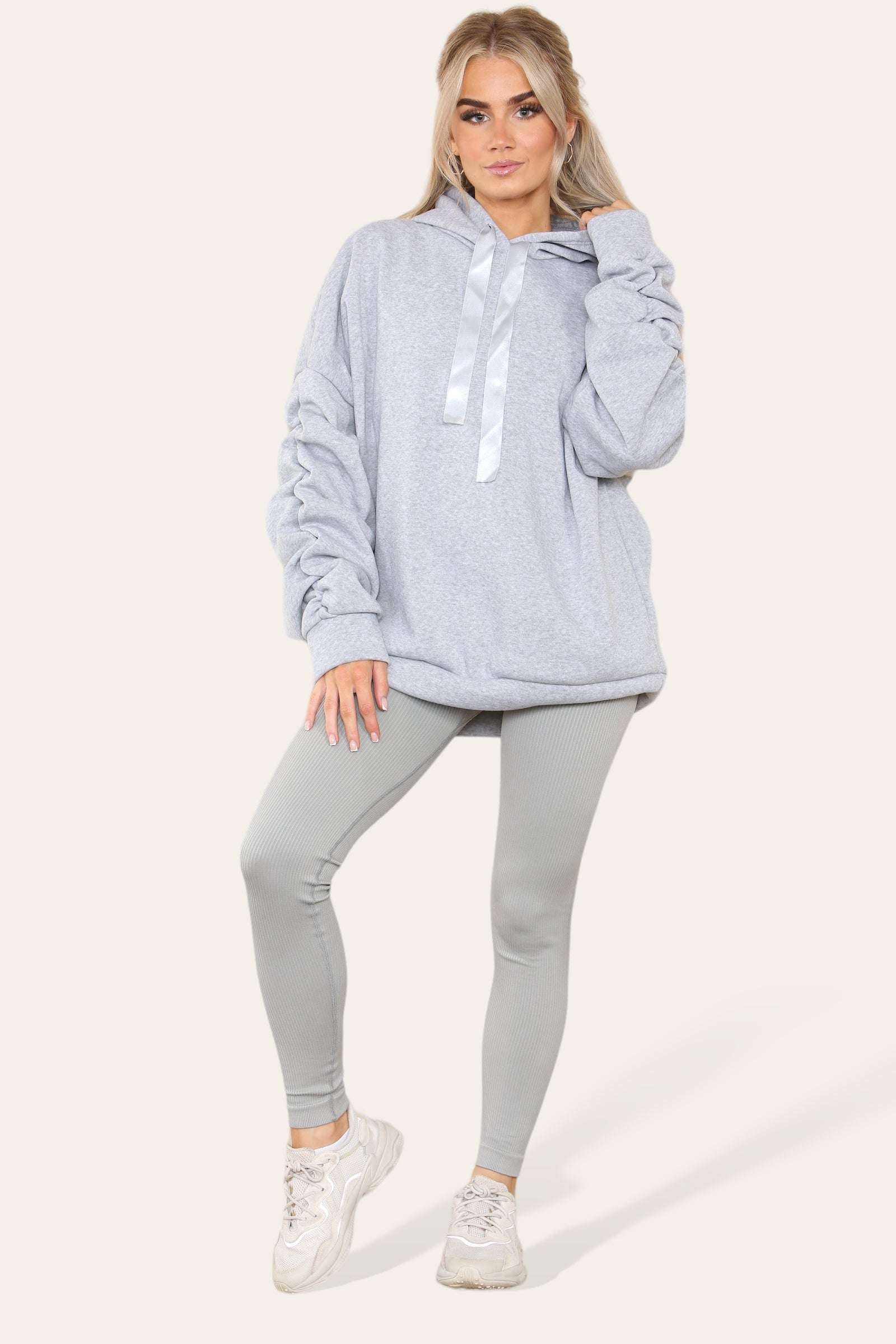 Ladies Oversized Ruched Hoodie & Leggings Set - Satin Ribbon Detail