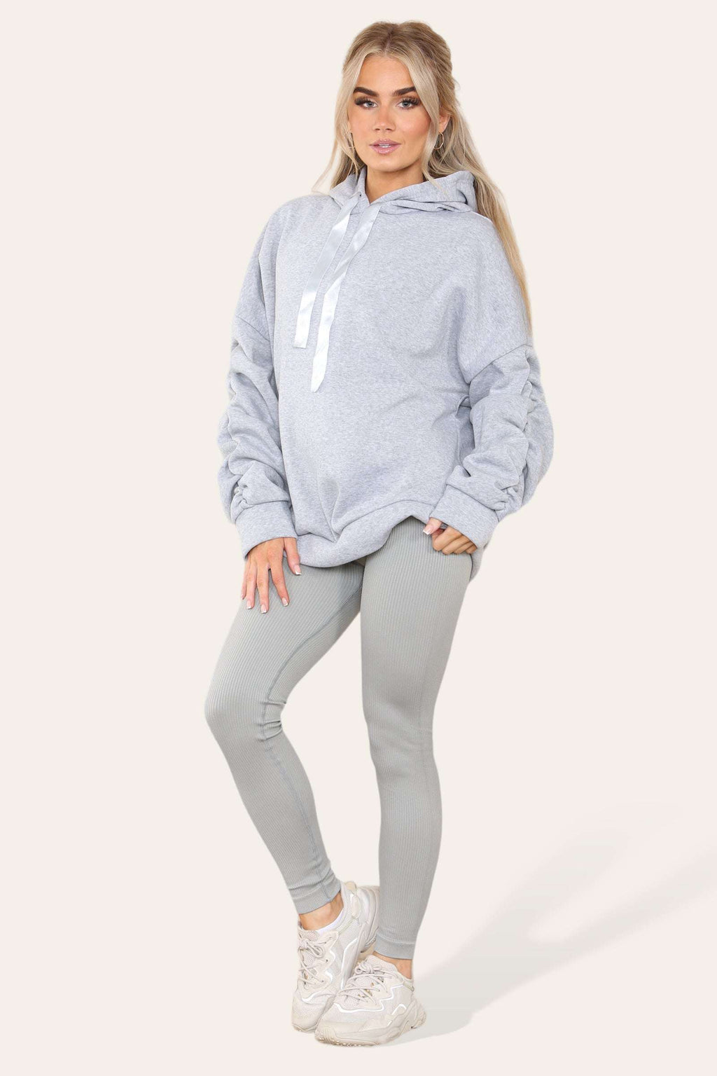 Ladies Oversized Ruched Hoodie & Leggings Set - Satin Ribbon Detail