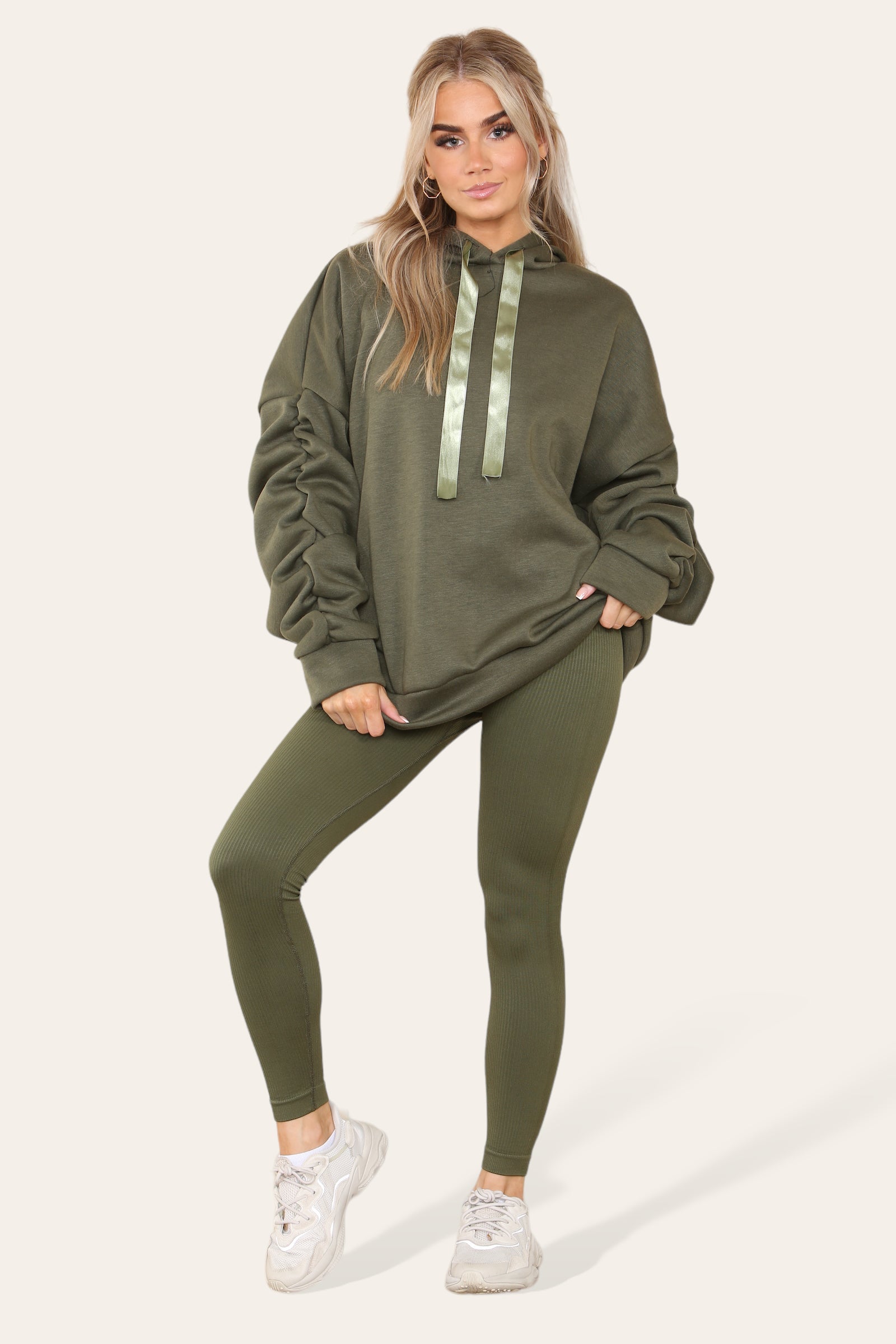 Ladies Oversized Ruched Hoodie & Leggings Set - Satin Ribbon Detail