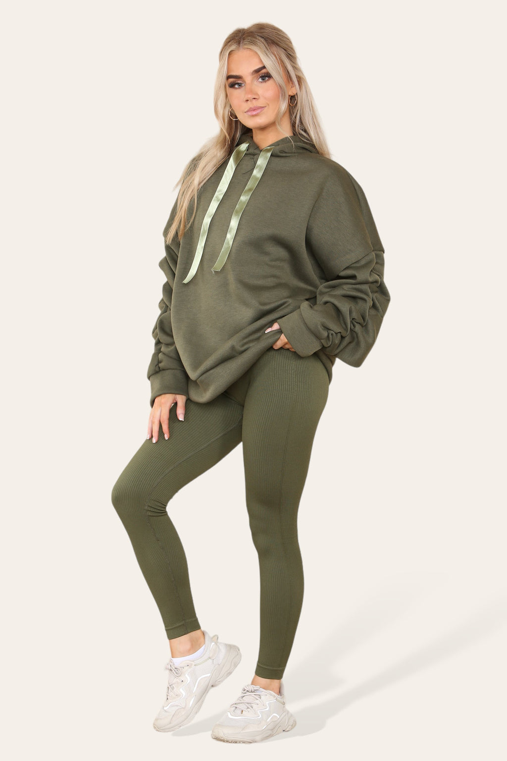 Ladies Oversized Ruched Hoodie & Leggings Set - Satin Ribbon Detail