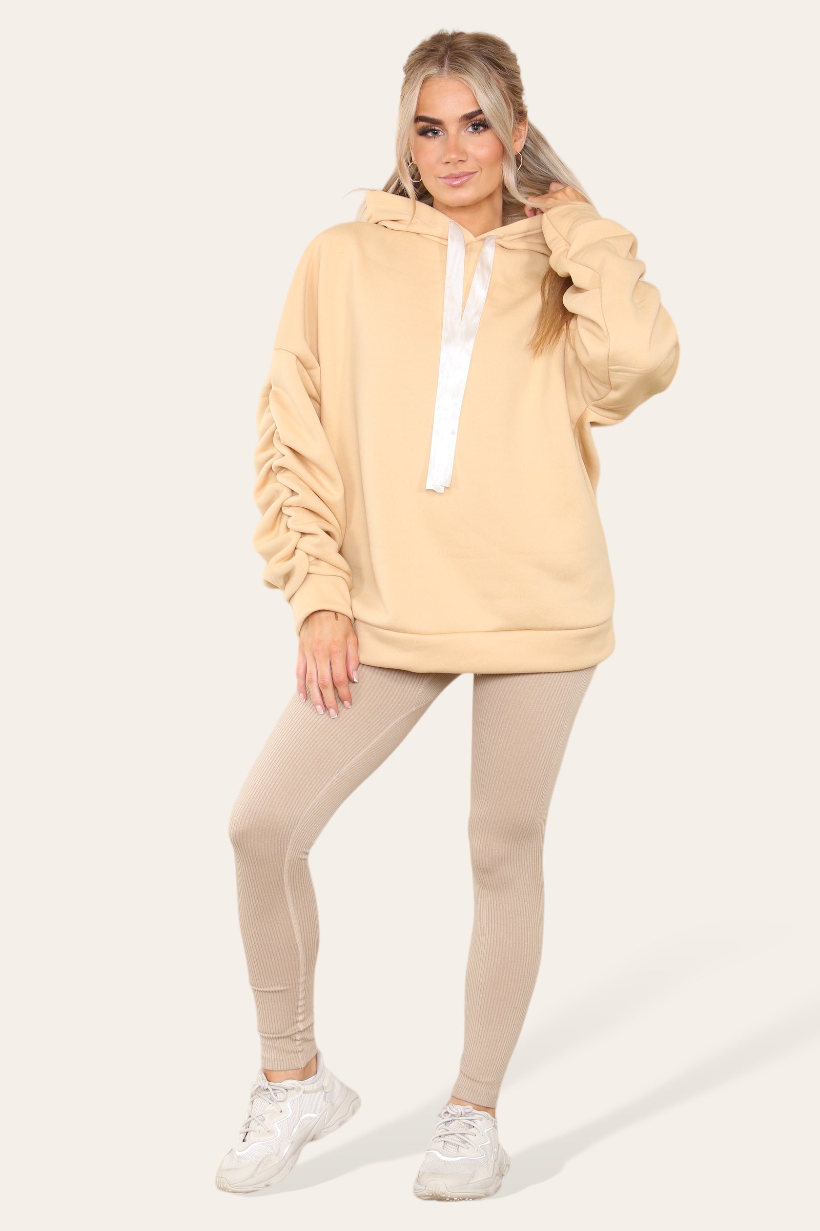 Ladies Oversized Ruched Hoodie & Leggings Set - Satin Ribbon Detail