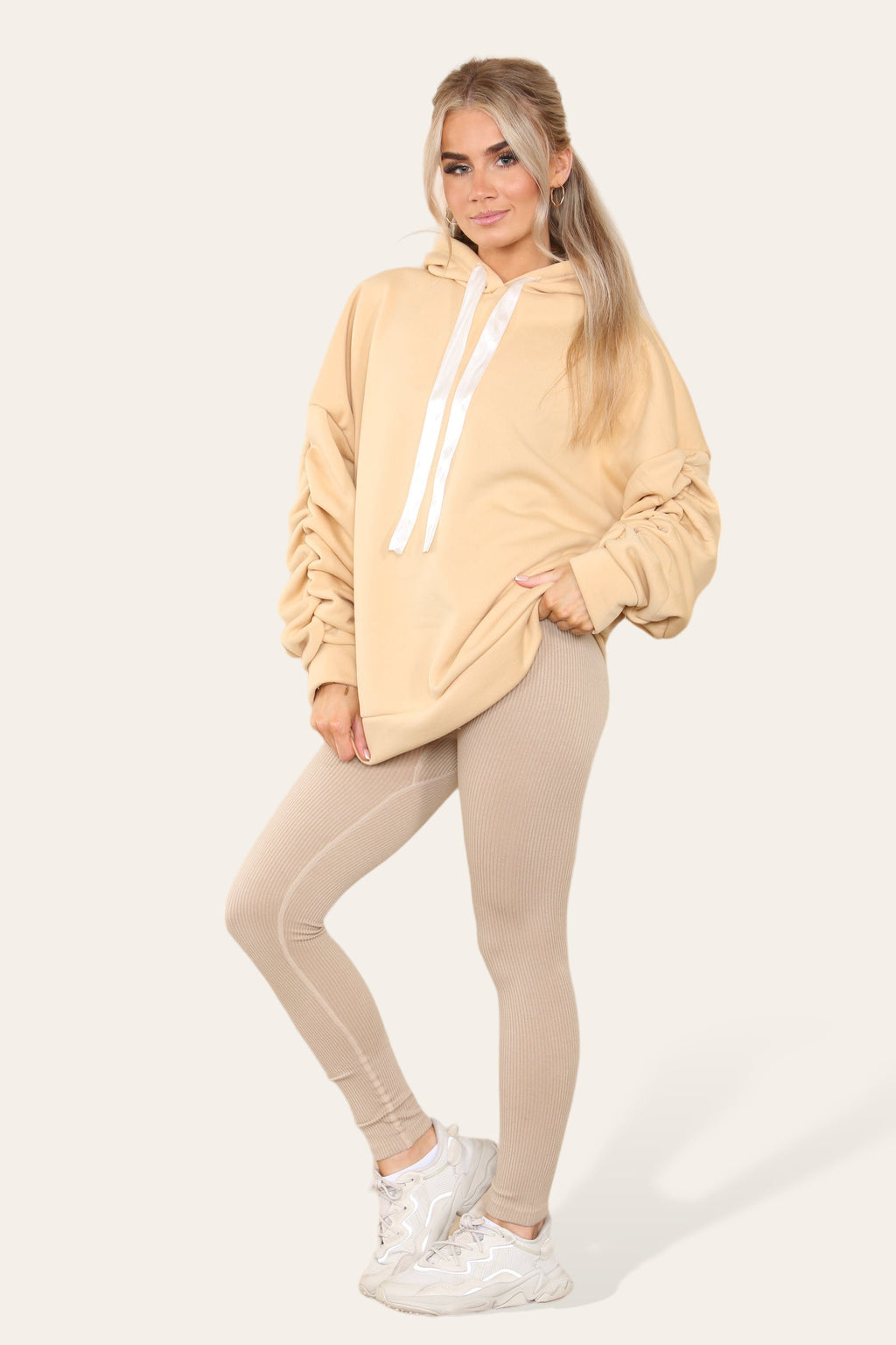 Ladies Oversized Ruched Hoodie & Leggings Set - Satin Ribbon Detail
