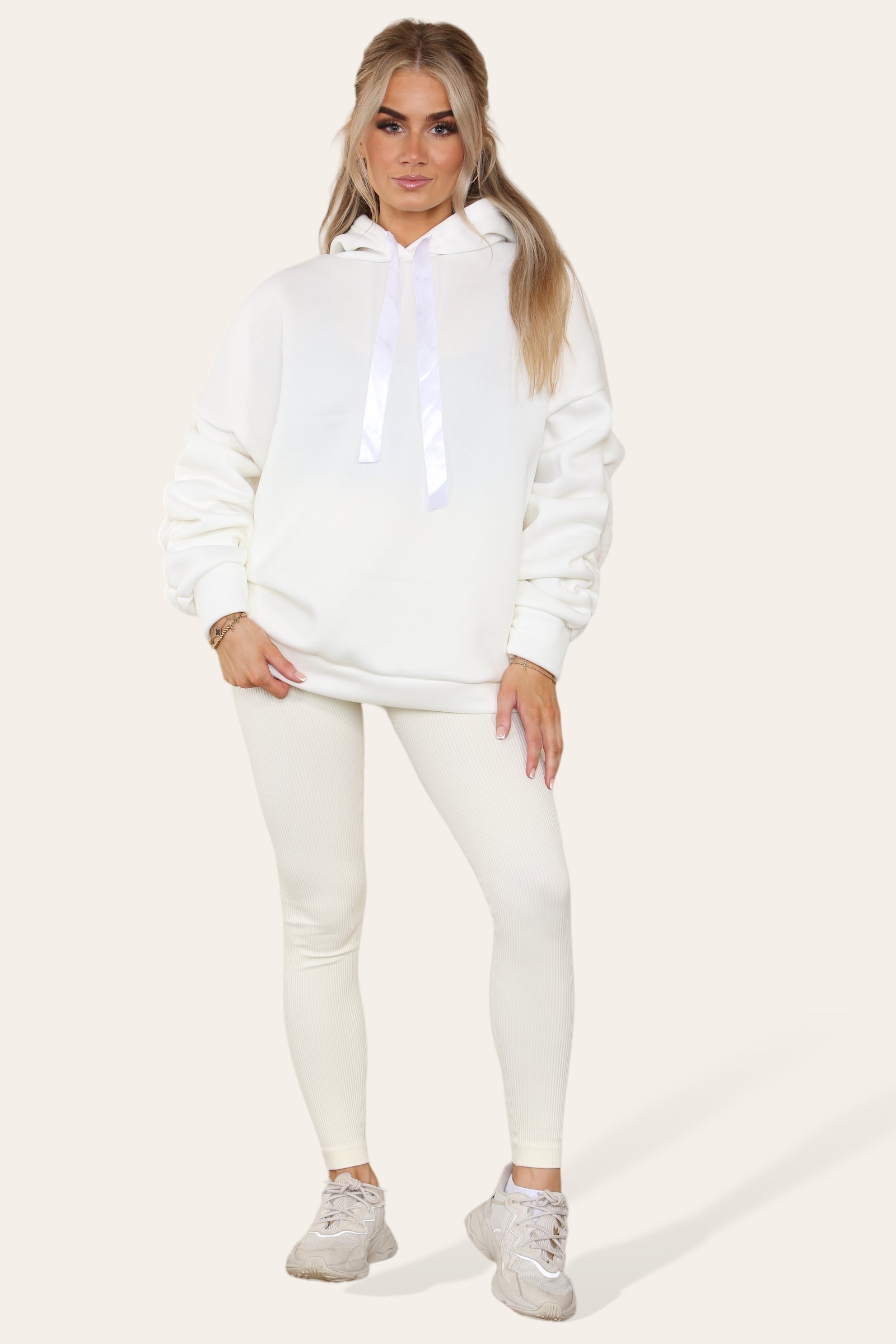 Ladies Oversized Ruched Hoodie & Leggings Set - Satin Ribbon Detail