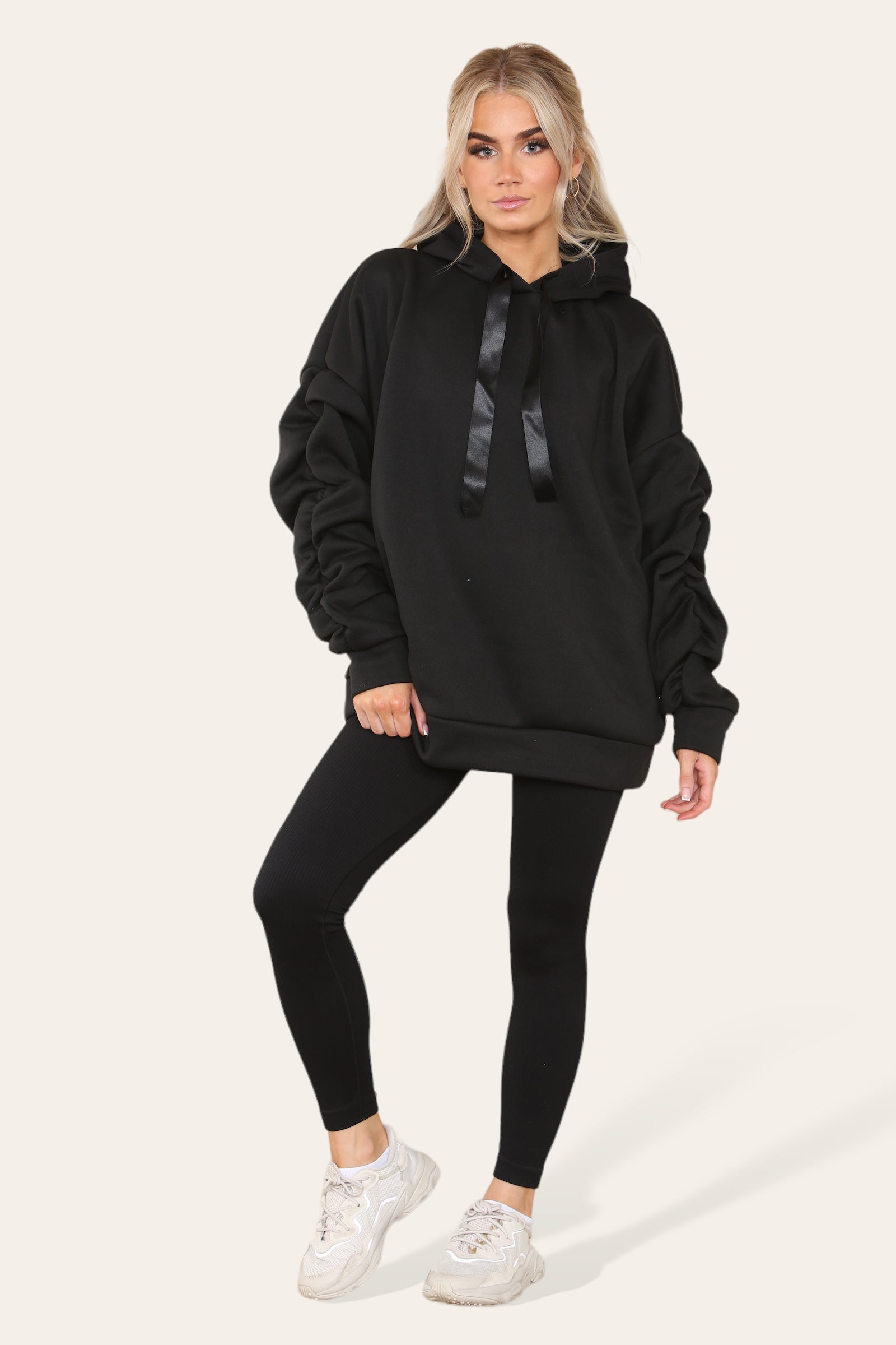 Ladies Oversized Ruched Hoodie & Leggings Set - Satin Ribbon Detail