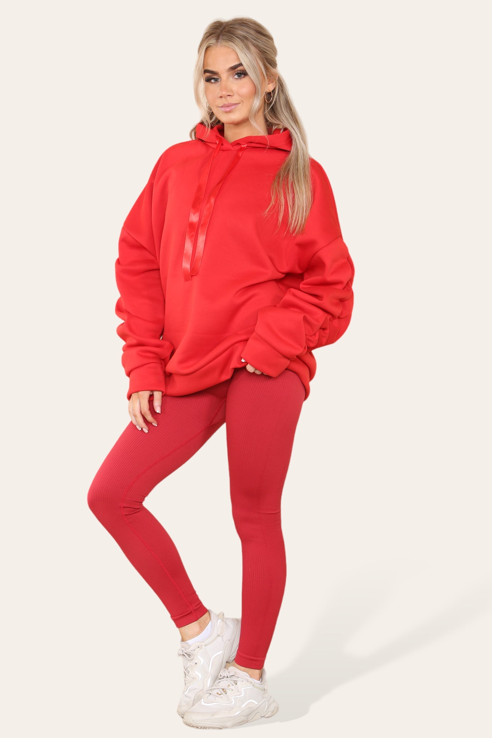 Ladies Oversized Ruched Hoodie & Leggings Set - Satin Ribbon Detail