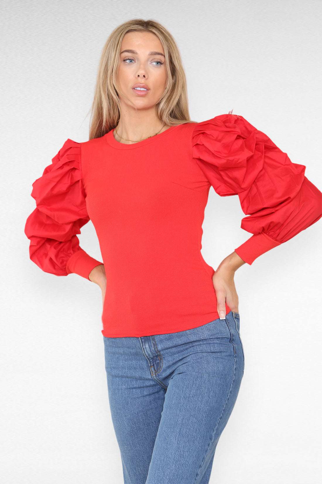 Ladies Oversized Puff Sleeves Ribbed Top - Statement Bodysuit