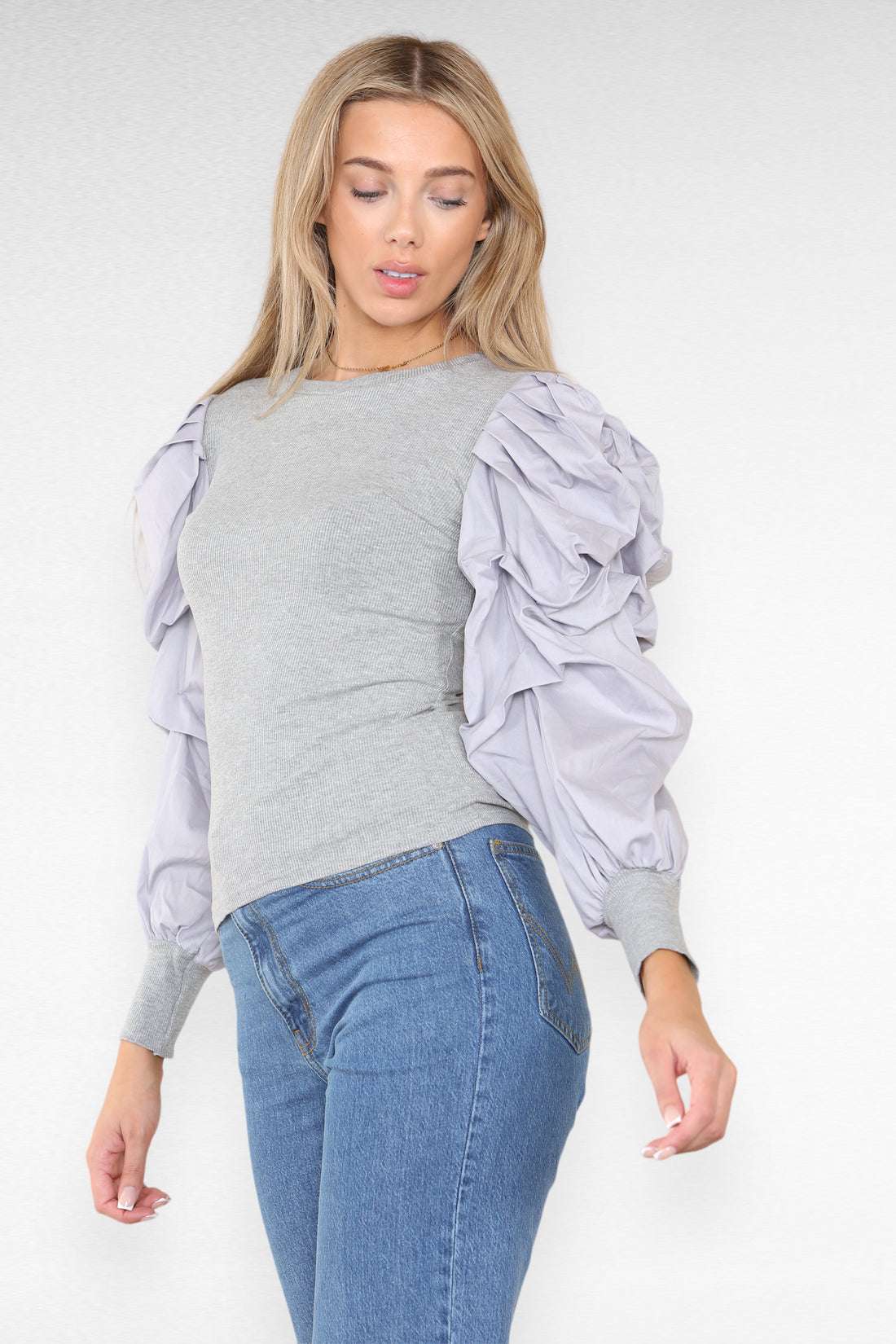 Ladies Oversized Puff Sleeves Ribbed Top - Statement Bodysuit