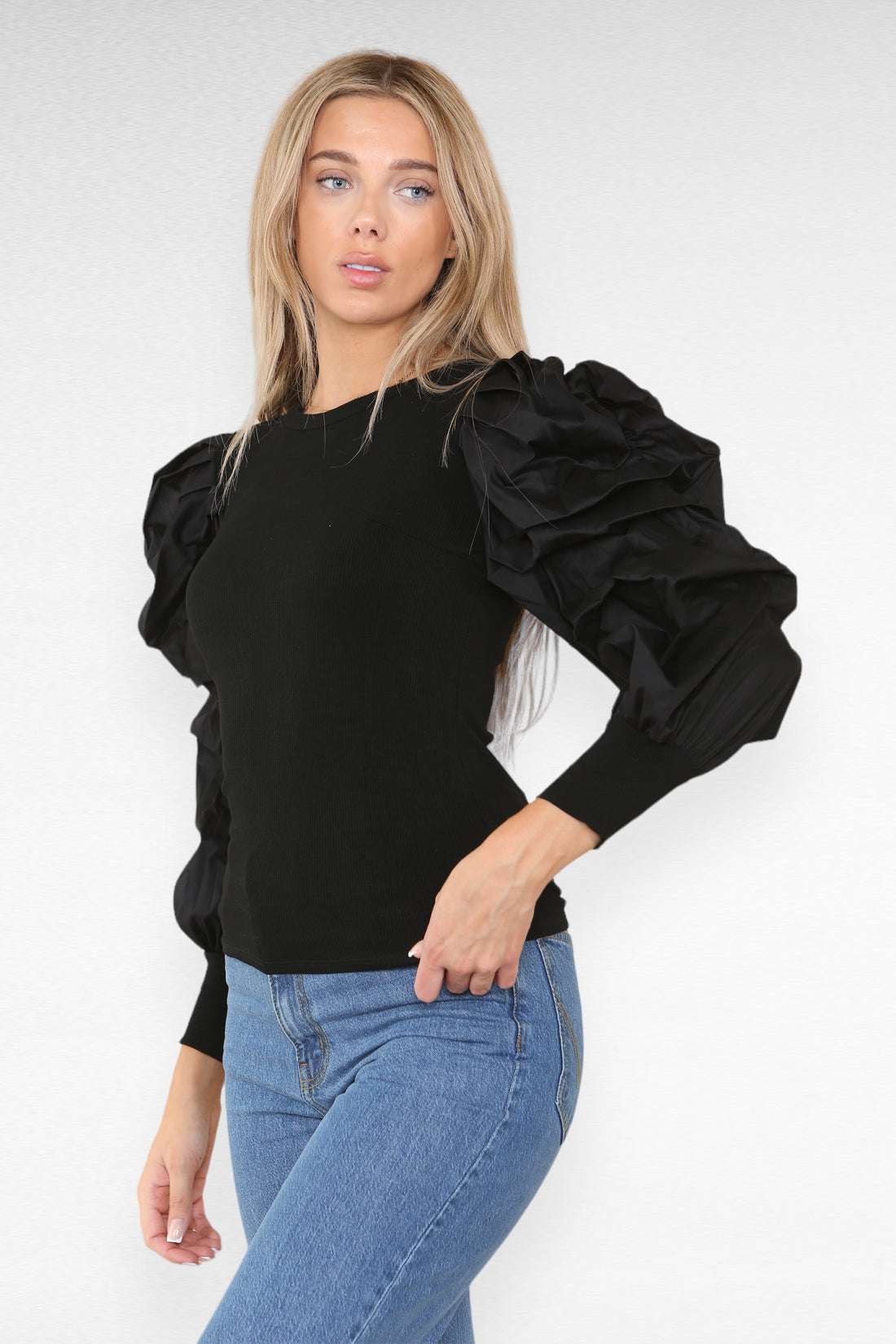 Ladies Oversized Puff Sleeves Ribbed Top - Statement Bodysuit