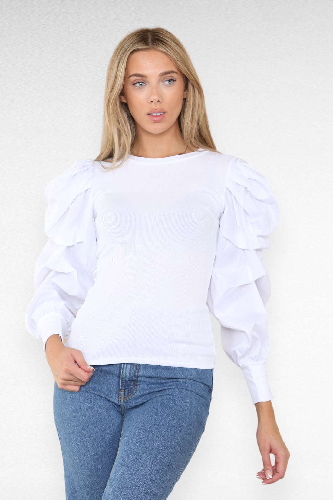 Ladies Oversized Puff Sleeves Ribbed Top - Statement Bodysuit