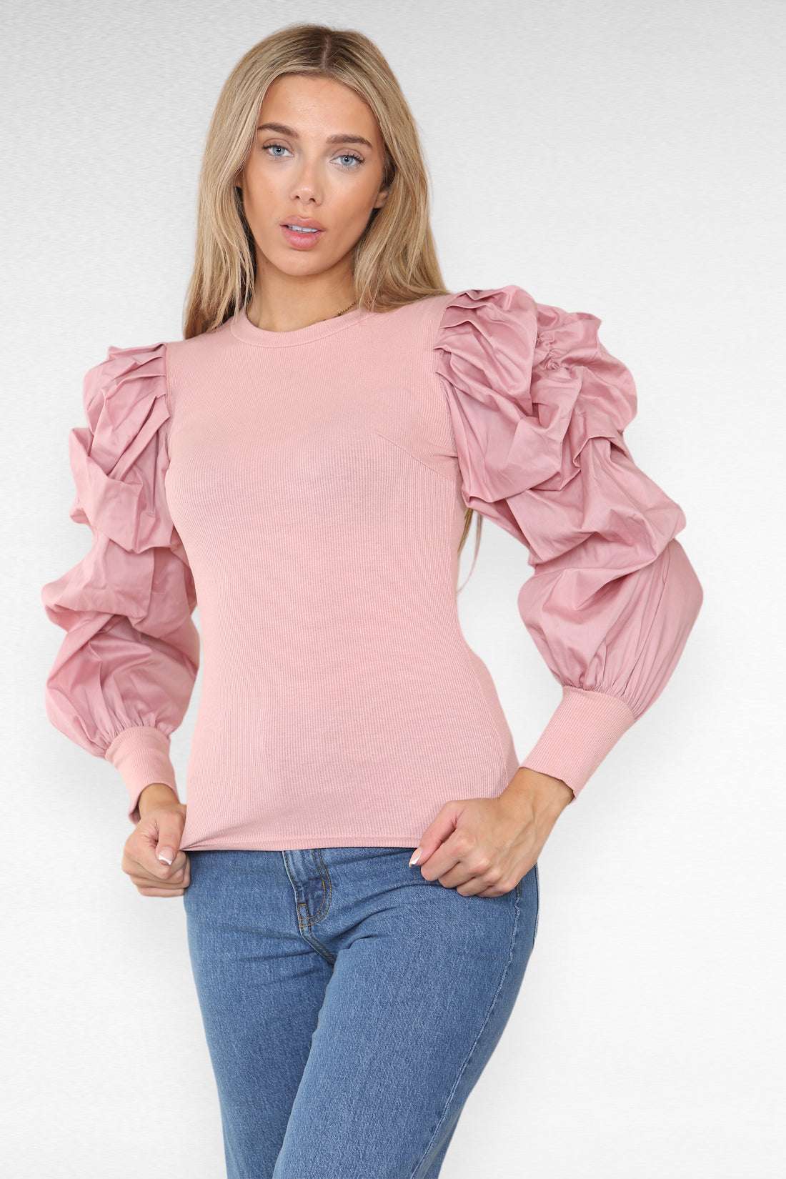 Ladies Oversized Puff Sleeves Ribbed Top - Statement Bodysuit