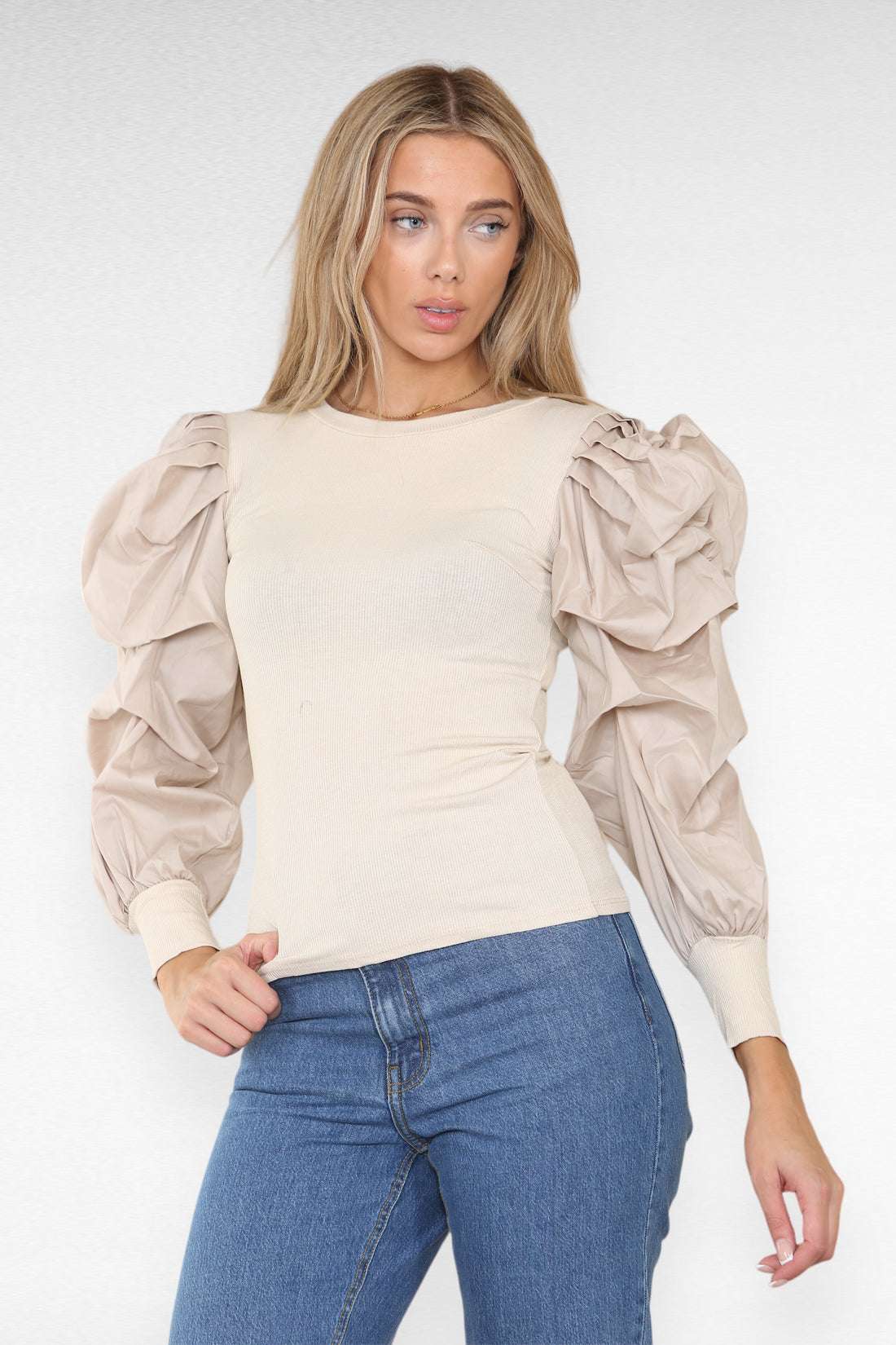 Ladies Oversized Puff Sleeves Ribbed Top - Statement Bodysuit