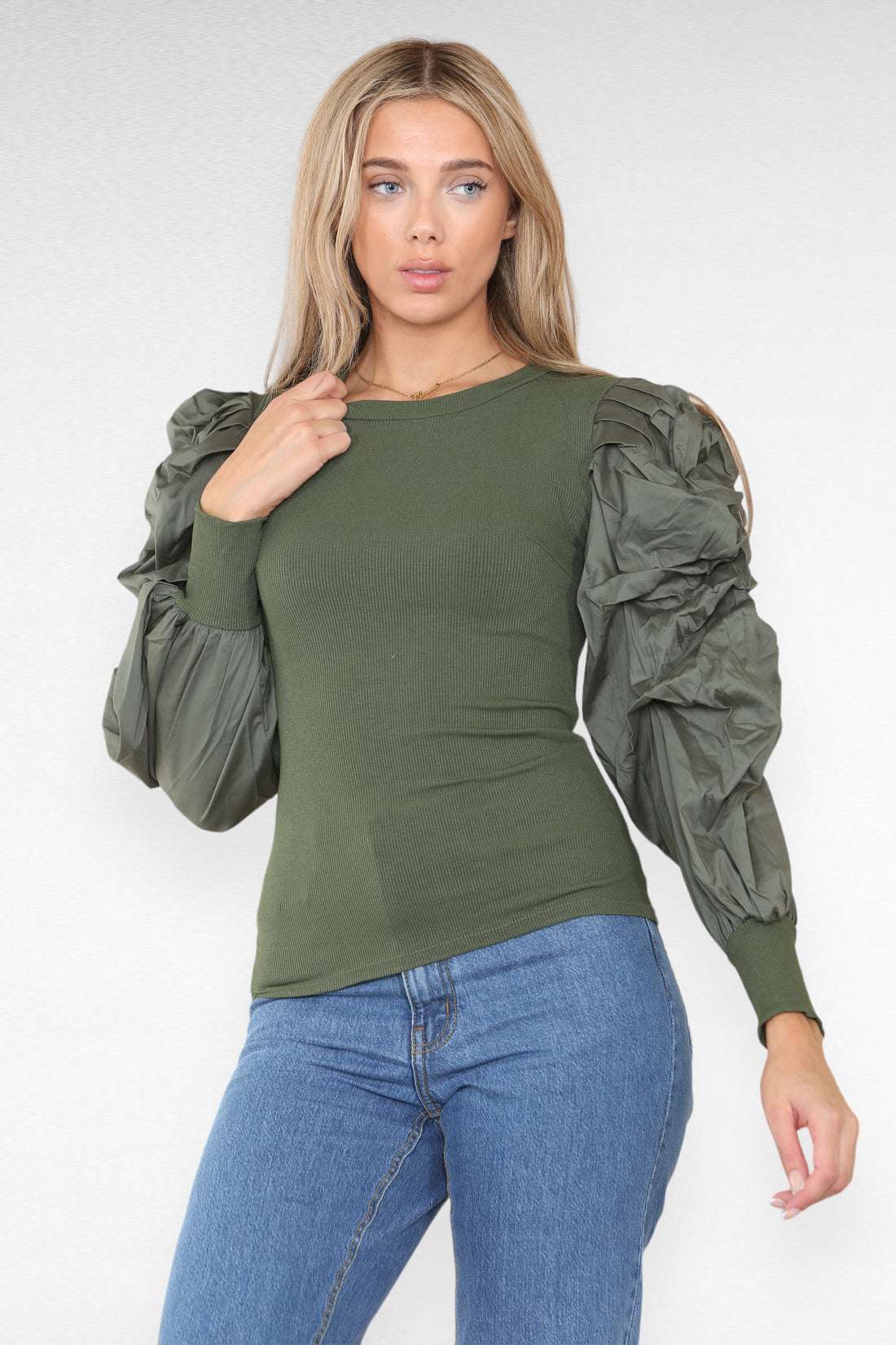 Ladies Oversized Puff Sleeves Ribbed Top - Statement Bodysuit