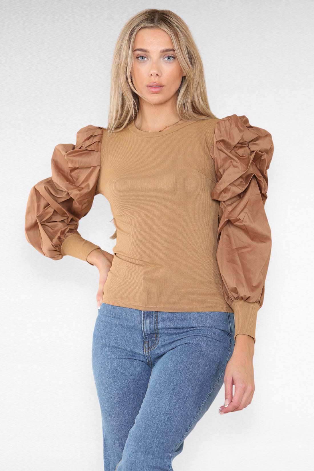 Ladies Oversized Puff Sleeves Ribbed Top - Statement Bodysuit