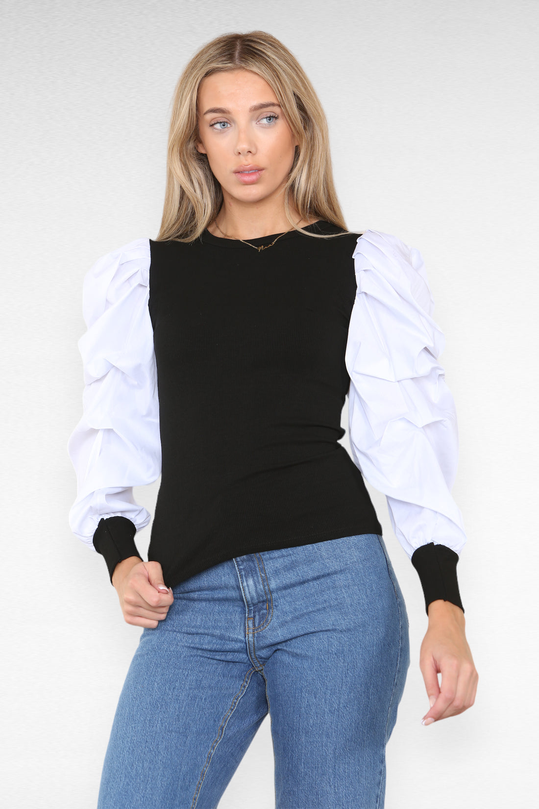 Ladies Oversized Puff Sleeves Ribbed Top - Statement Bodysuit