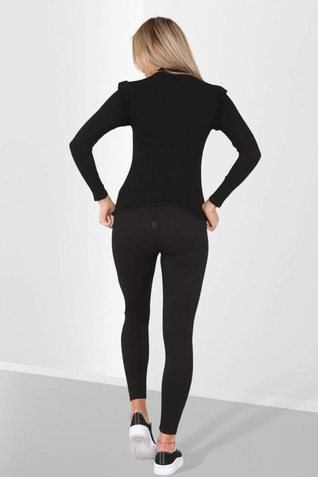 Ladies Frill Shoulder Loungewear Set - Gold Button Detail Two Piece