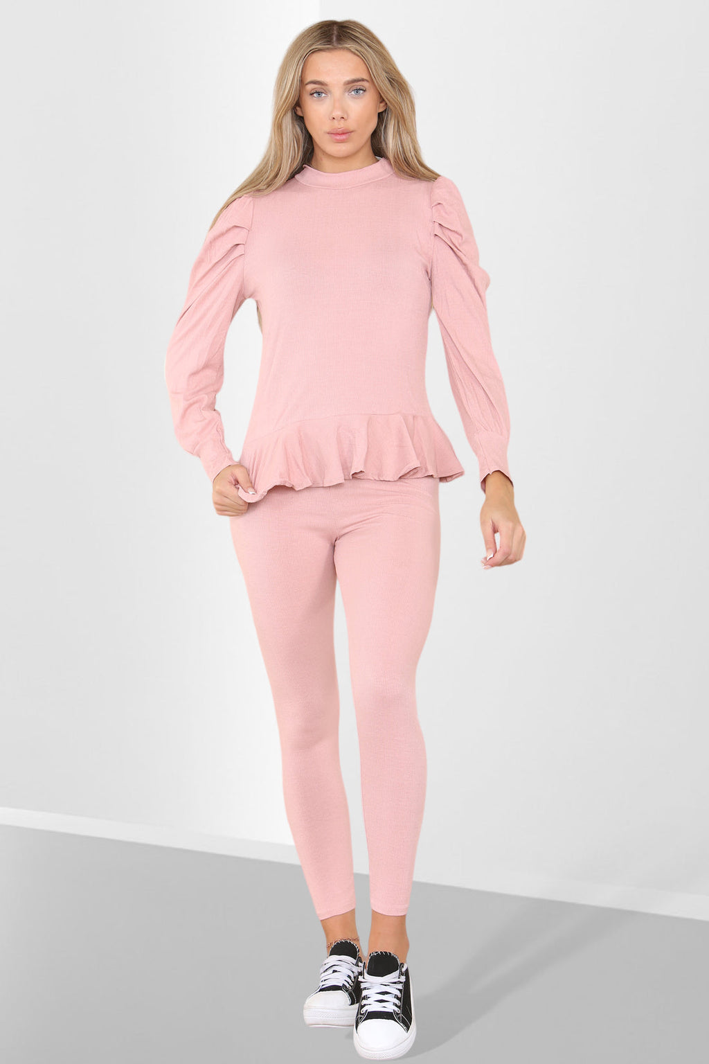 Ladies Puff Sleeve Peplum Loungewear Set - Ribbed Frill Hem Two Piece