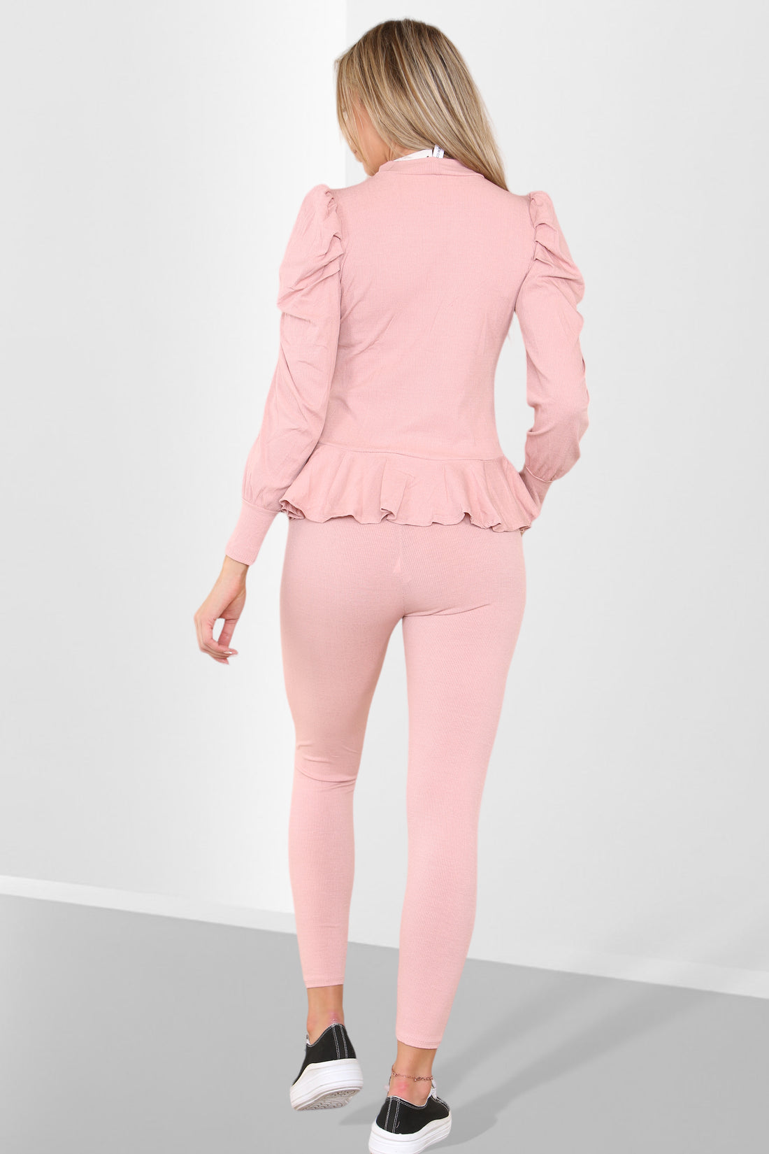 Ladies Puff Sleeve Peplum Loungewear Set - Ribbed Frill Hem Two Piece